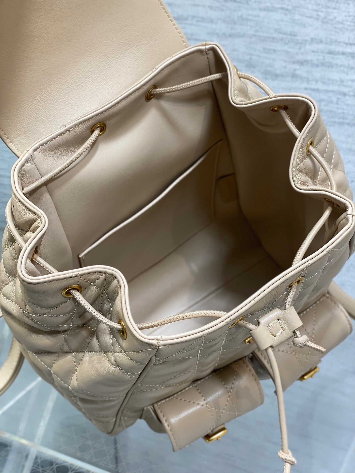 SMALL 23 CARO BACKPACK IN ALMOND BEIGE MACROCANNAGE LAMBSKIN