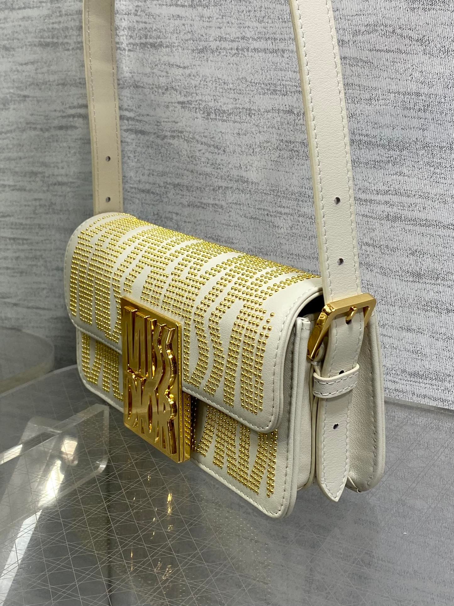 MINI 18 FLAP BAG IN WHITE LAMBSKIN WITH GOLD RHINSTONES