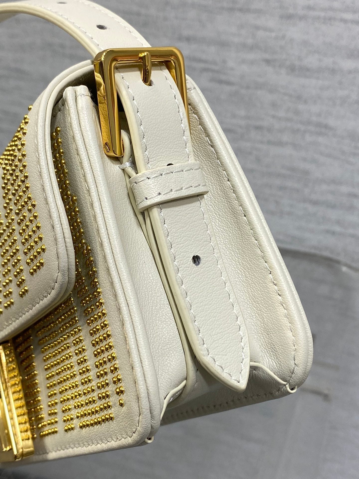 MINI 18 FLAP BAG IN WHITE LAMBSKIN WITH GOLD RHINSTONES