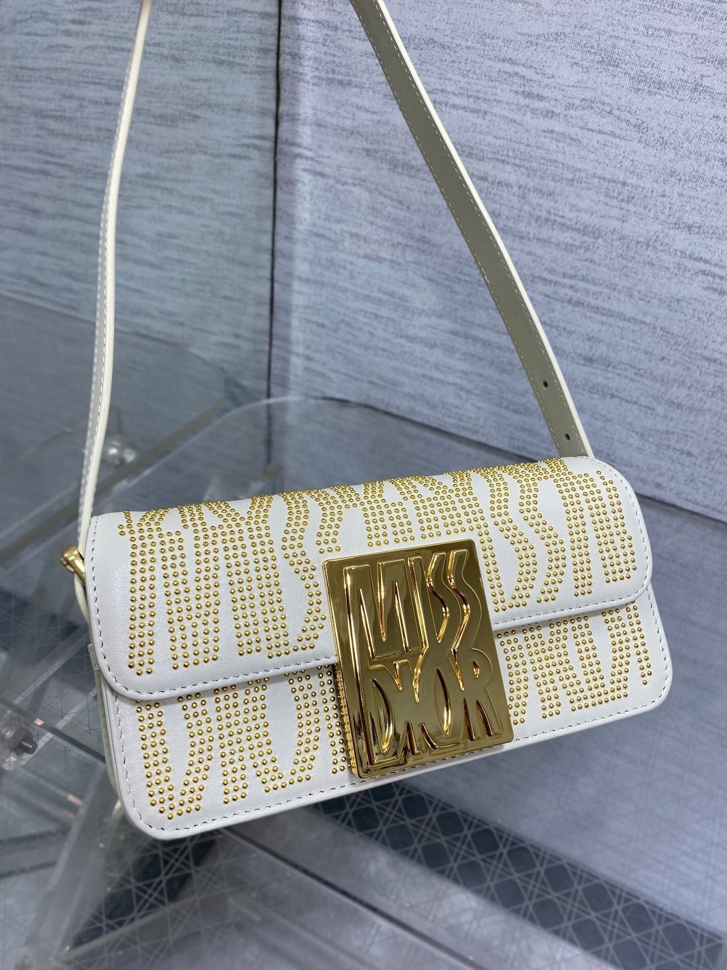 MINI 18 FLAP BAG IN WHITE LAMBSKIN WITH GOLD RHINSTONES