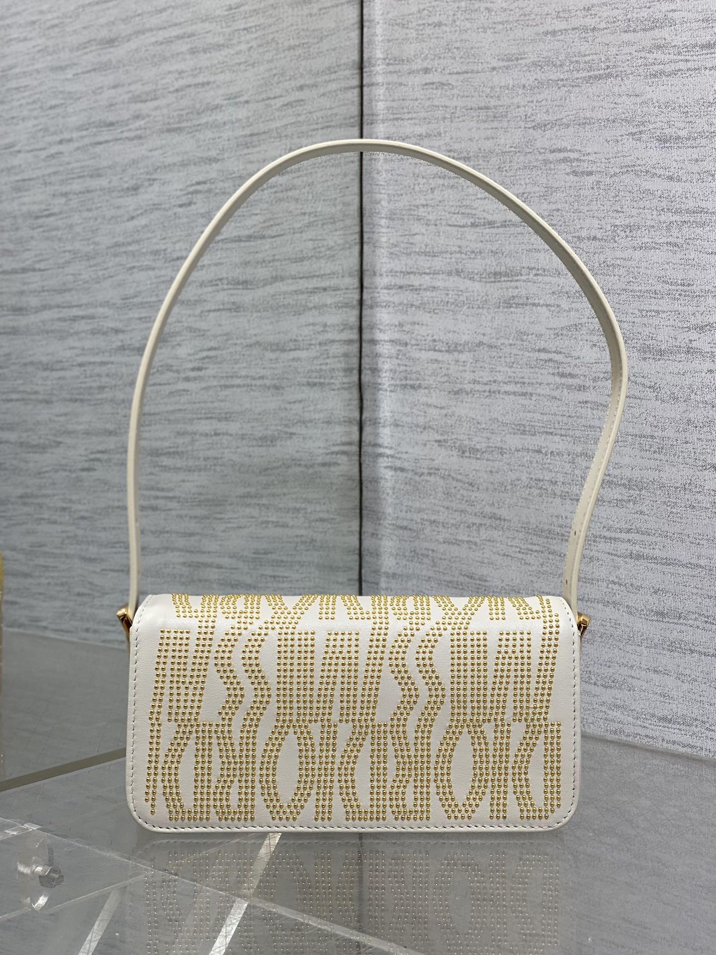 MINI 18 FLAP BAG IN WHITE LAMBSKIN WITH GOLD RHINSTONES