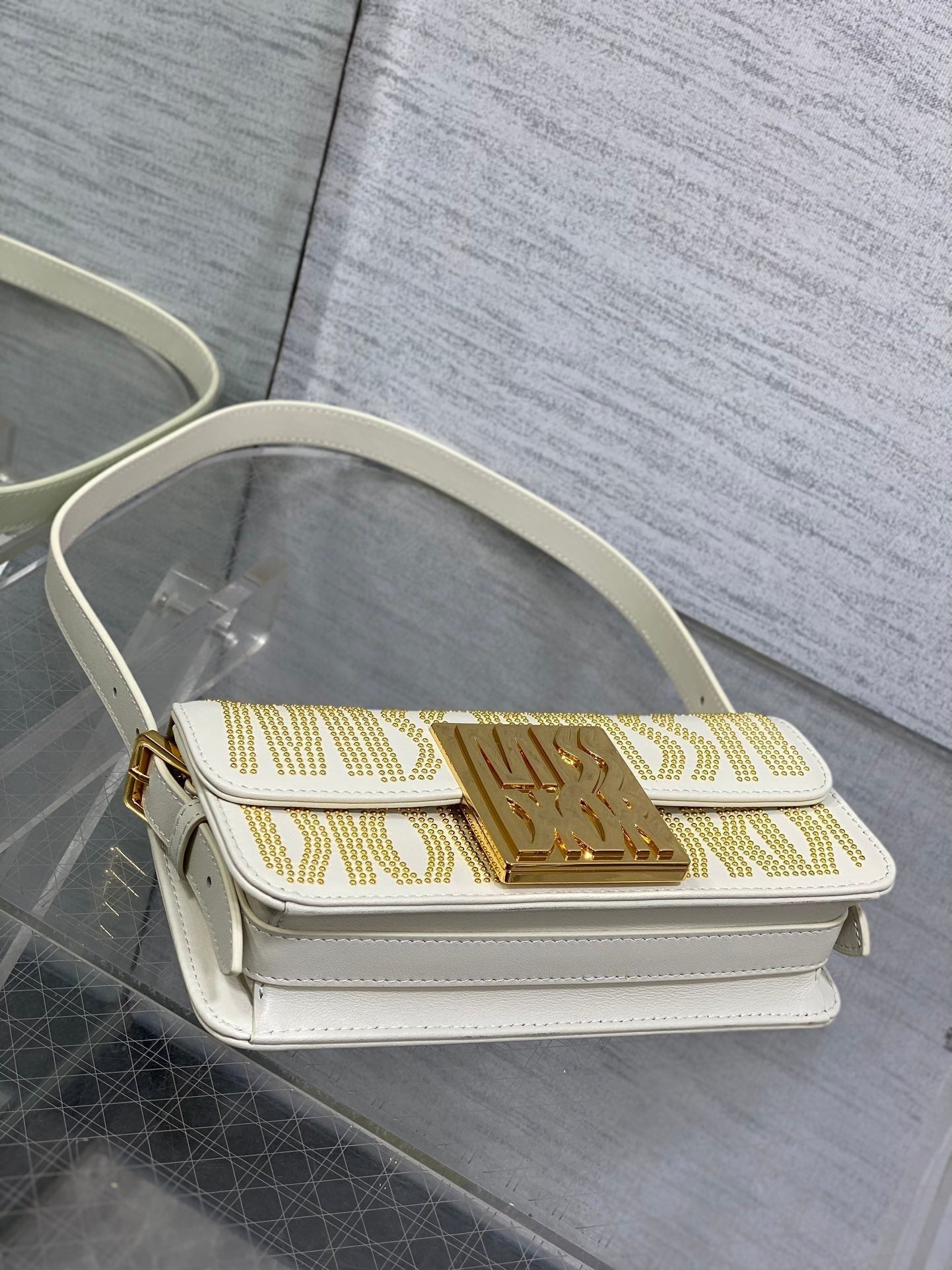 MINI 18 FLAP BAG IN WHITE LAMBSKIN WITH GOLD RHINSTONES