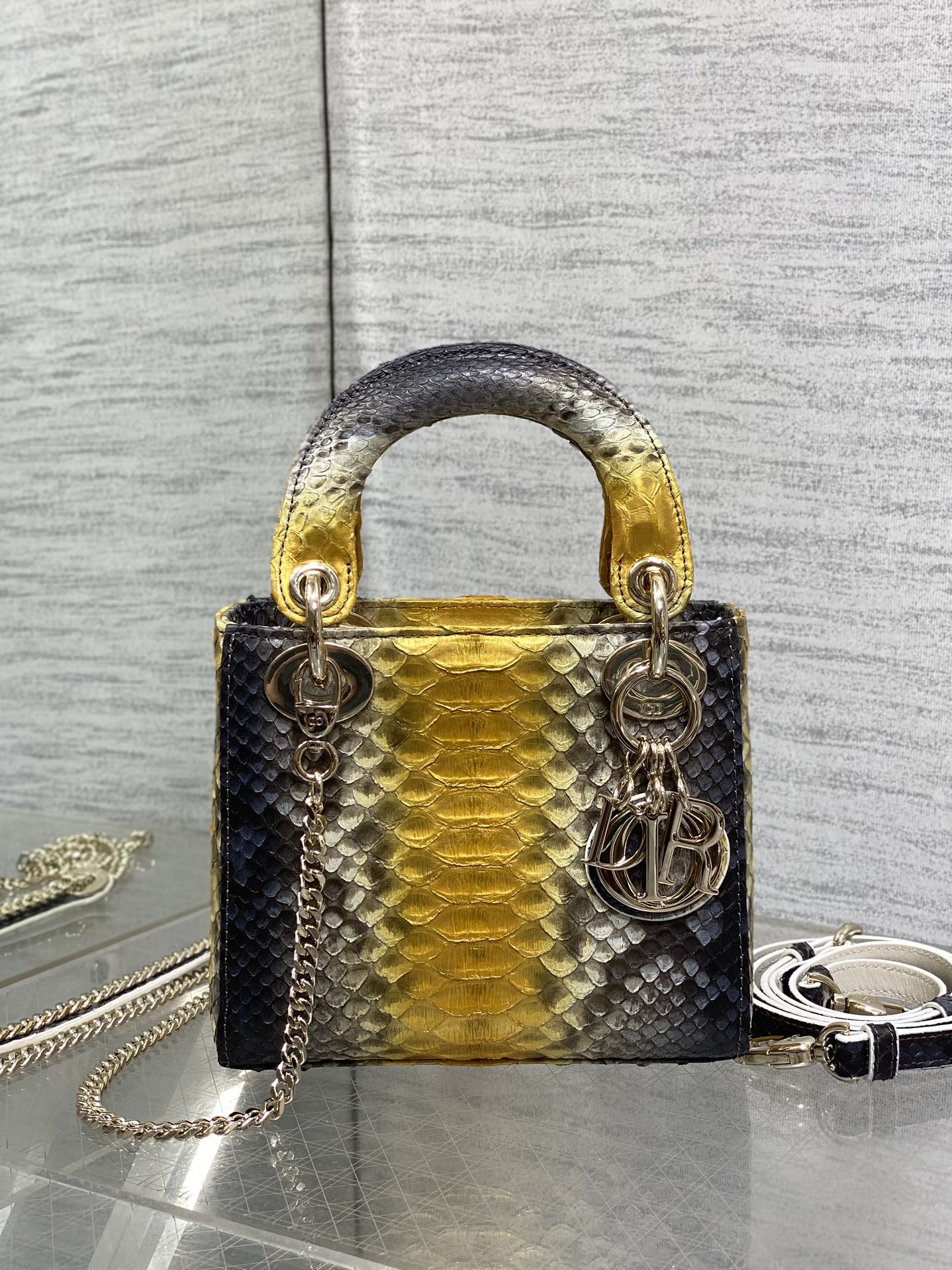 MINI 17 LADY BAG IN SUN FLOWER MIX BLACK SNAKESKIN PATTERN LAMBSKIN