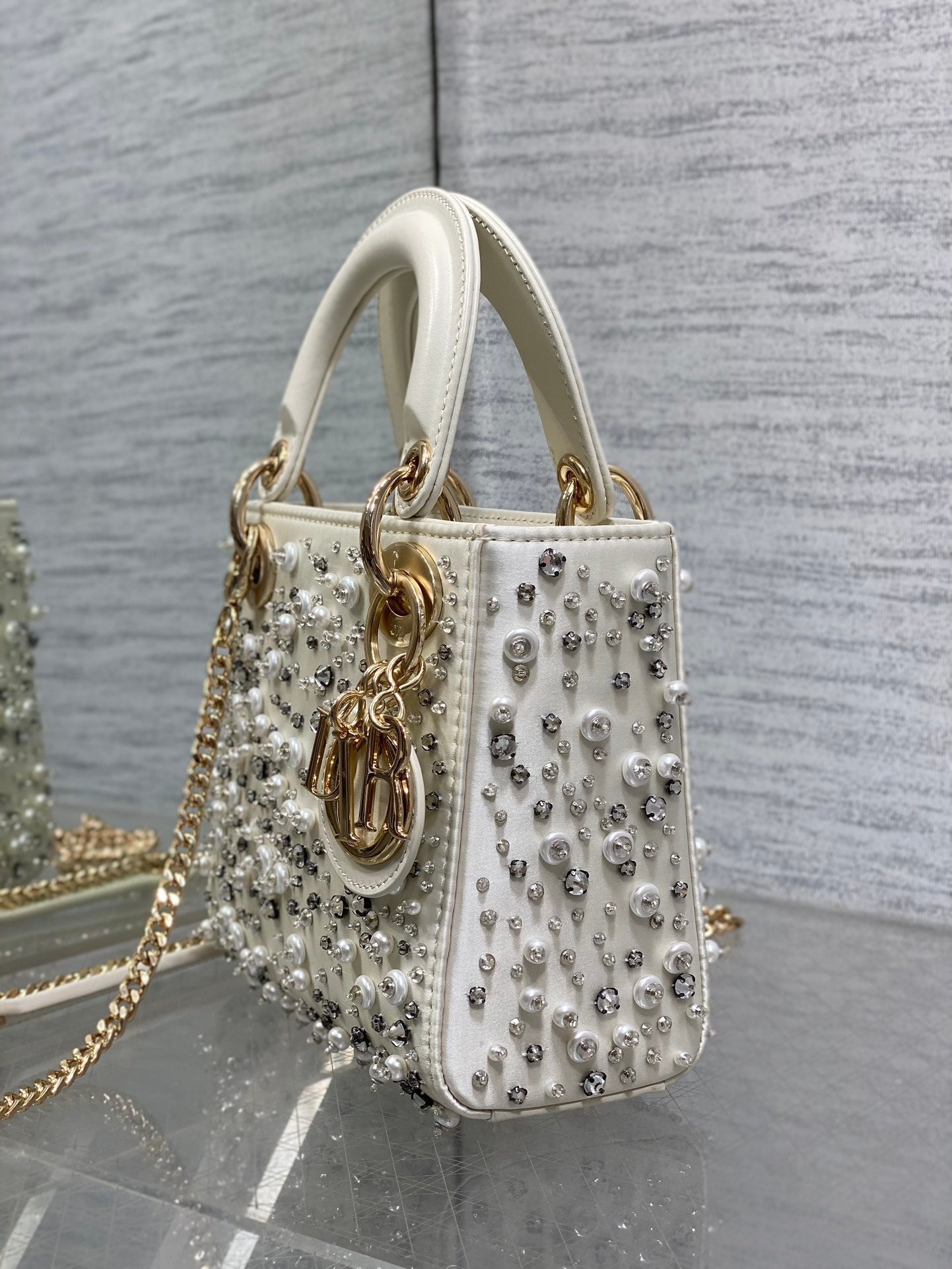 MINI 17 LADY BAG IN WHITE SATIN EMBROIDERED WITH BEADS 226310