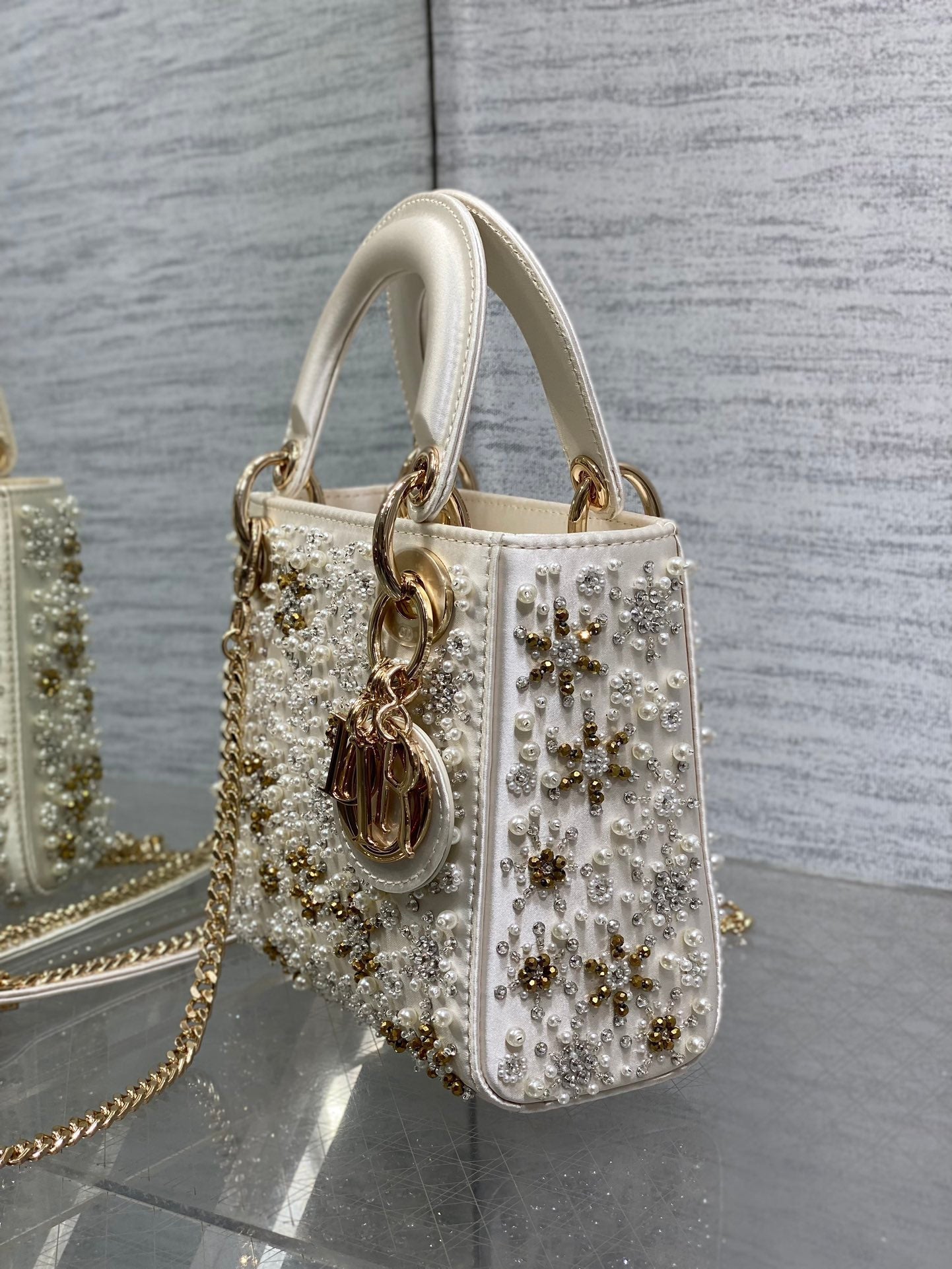 MINI 17 LADY BAG IN WHITE SATIN EMBROIDERED WITH BEADS