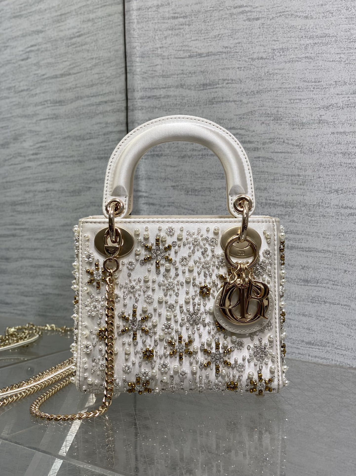 MINI 17 LADY BAG IN WHITE SATIN EMBROIDERED WITH BEADS