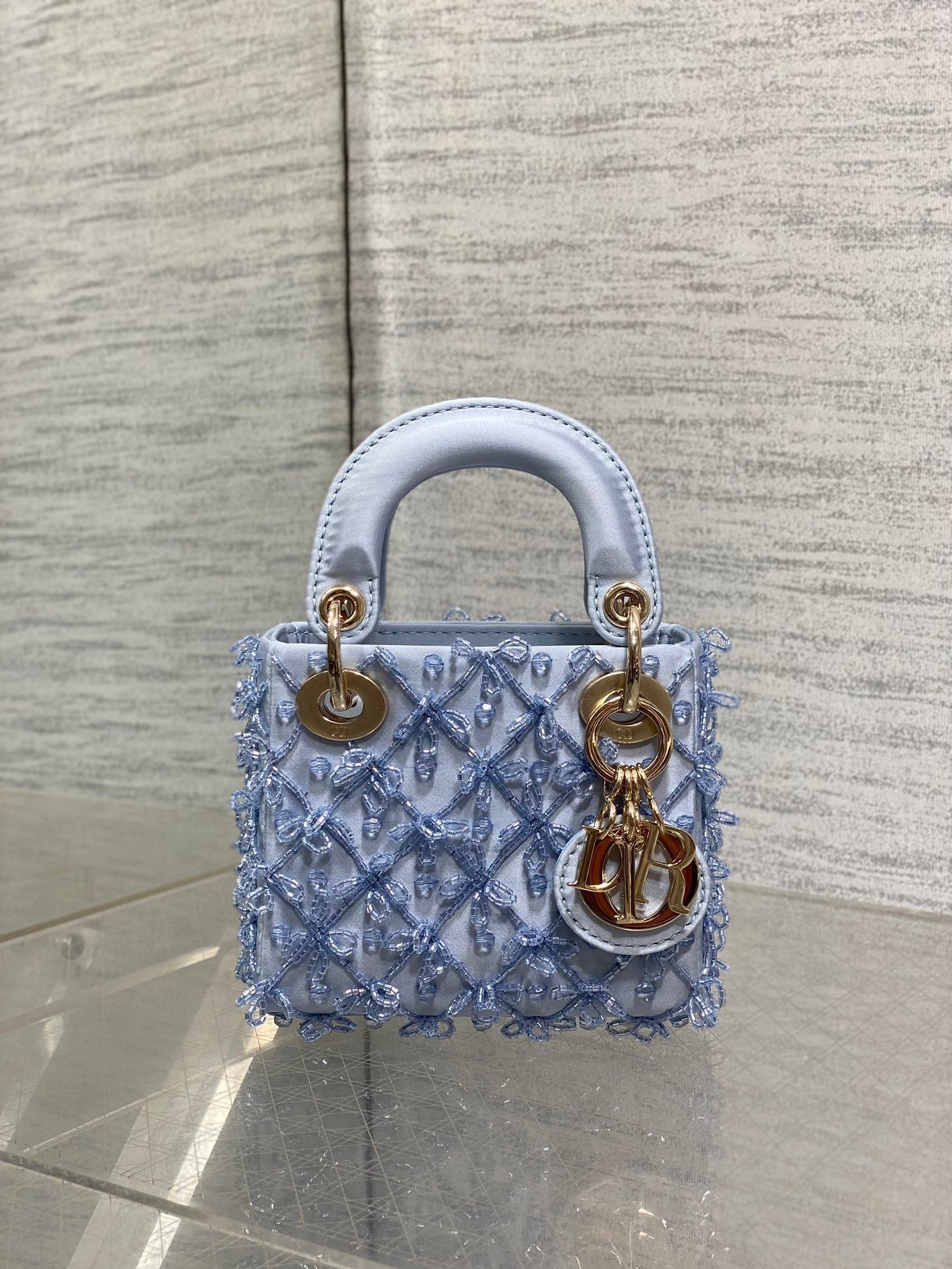 MICRO 12 LADY BAG IN CERULEAN BLUE SATIN WITH BEADING