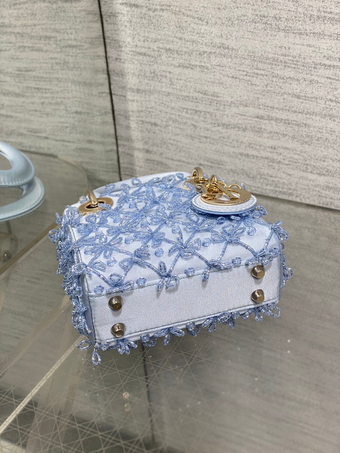 MICRO 12 LADY BAG IN CERULEAN BLUE SATIN WITH BEADING