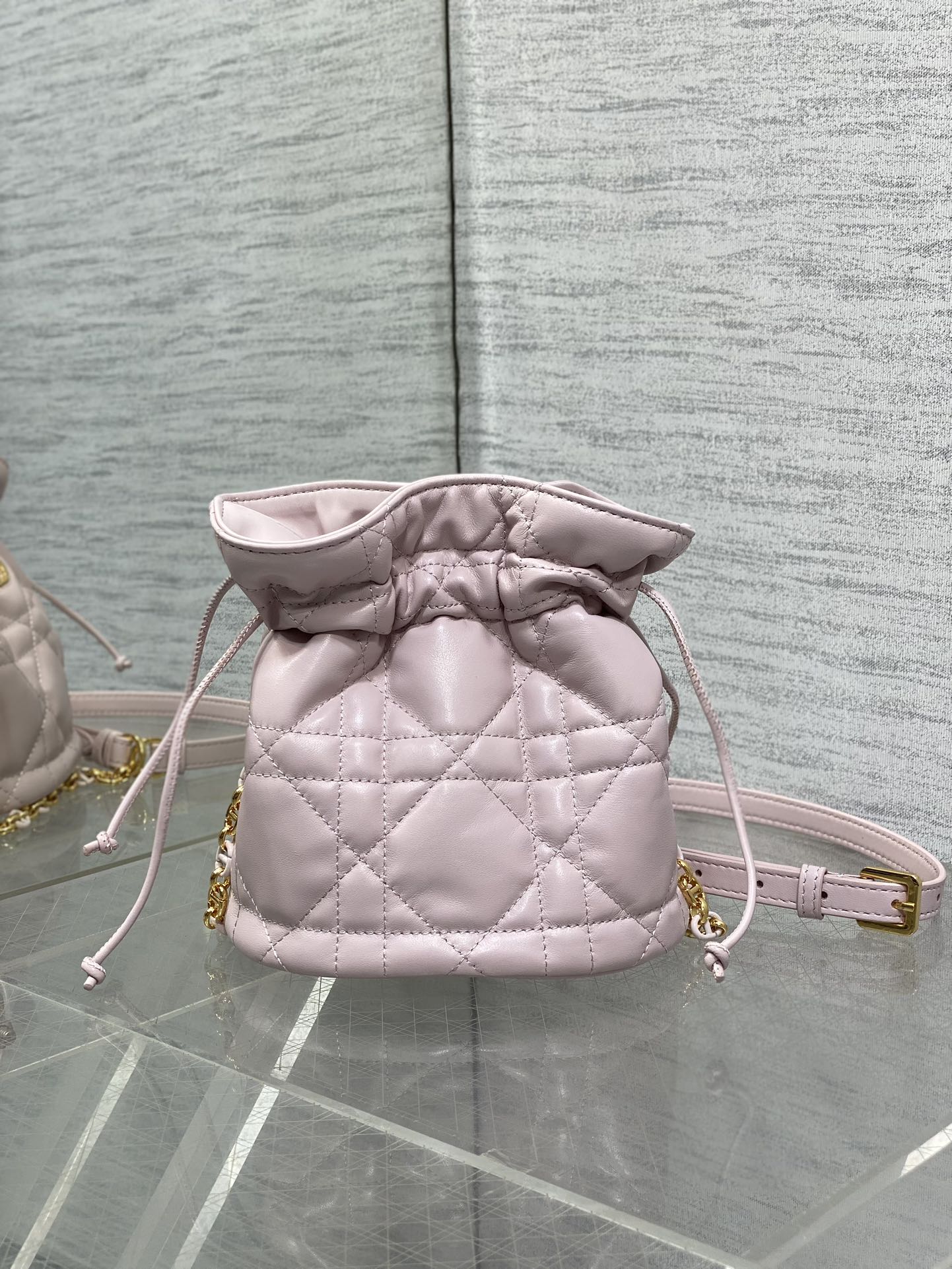 MONTAIGNE MINI 18 BUCKET BAG WITH DRAWSTRING IN BABY PINK LAMBSKIN