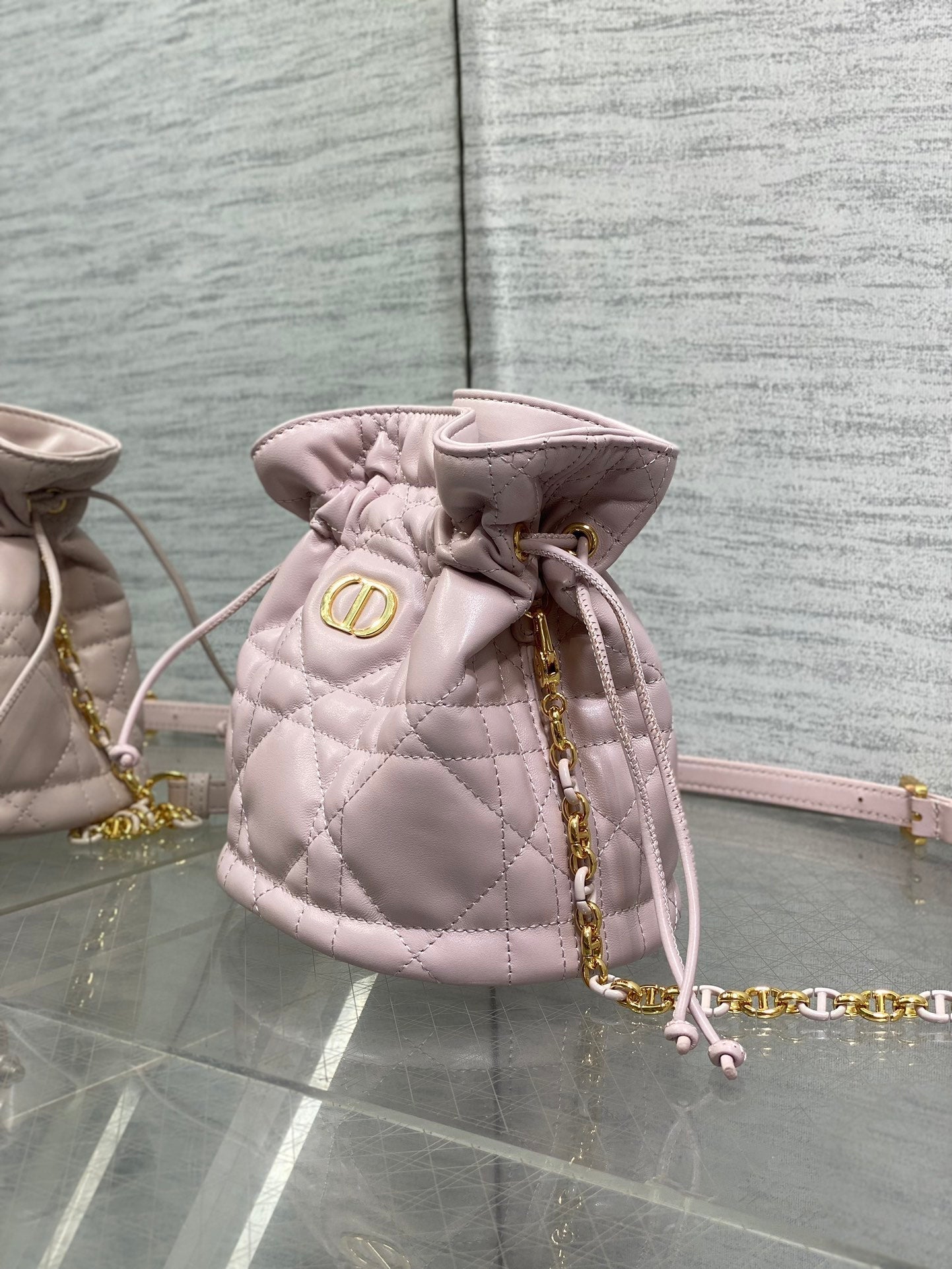 MONTAIGNE MINI 18 BUCKET BAG WITH DRAWSTRING IN BABY PINK LAMBSKIN