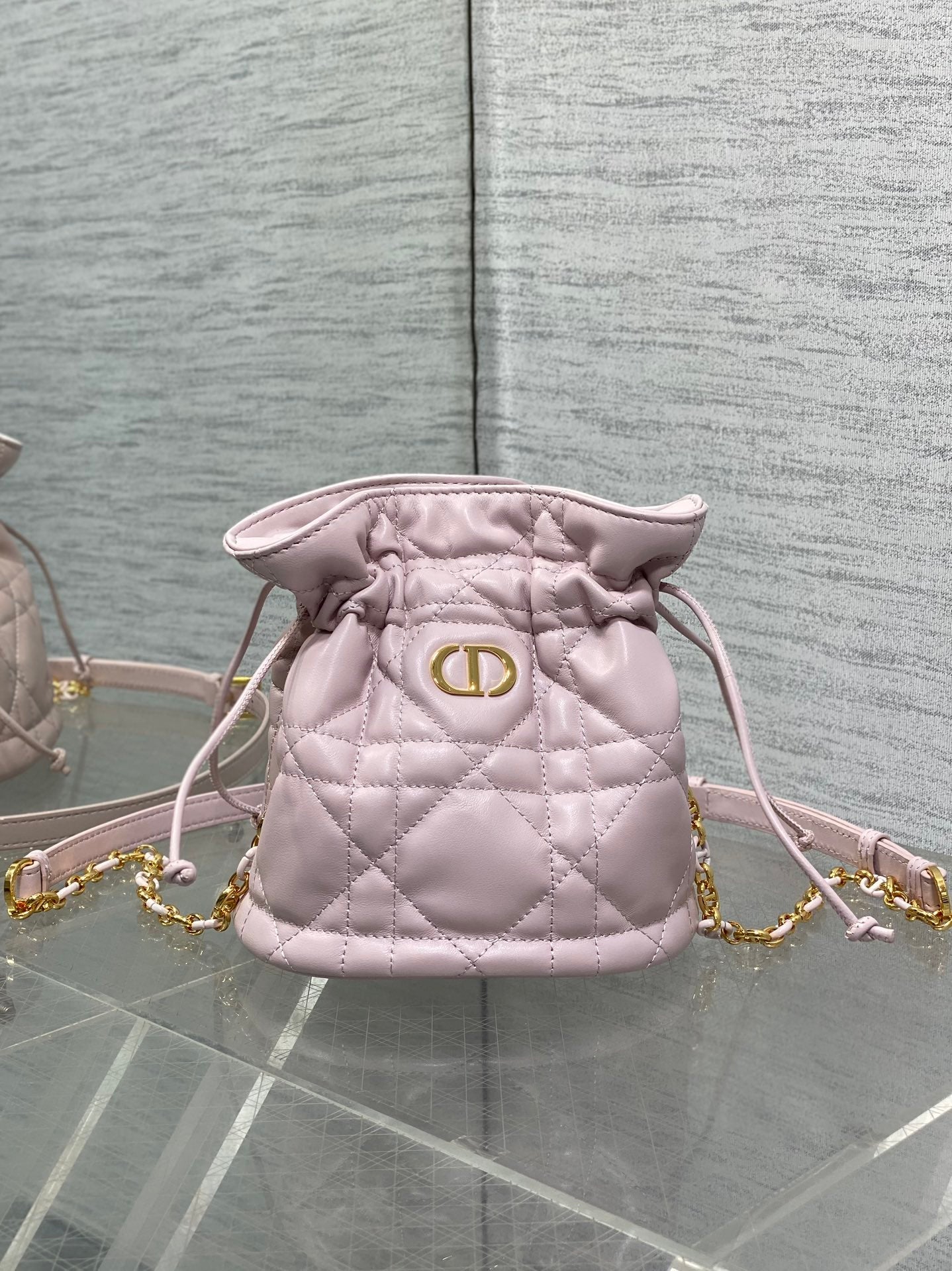 MONTAIGNE MINI 18 BUCKET BAG WITH DRAWSTRING IN BABY PINK LAMBSKIN