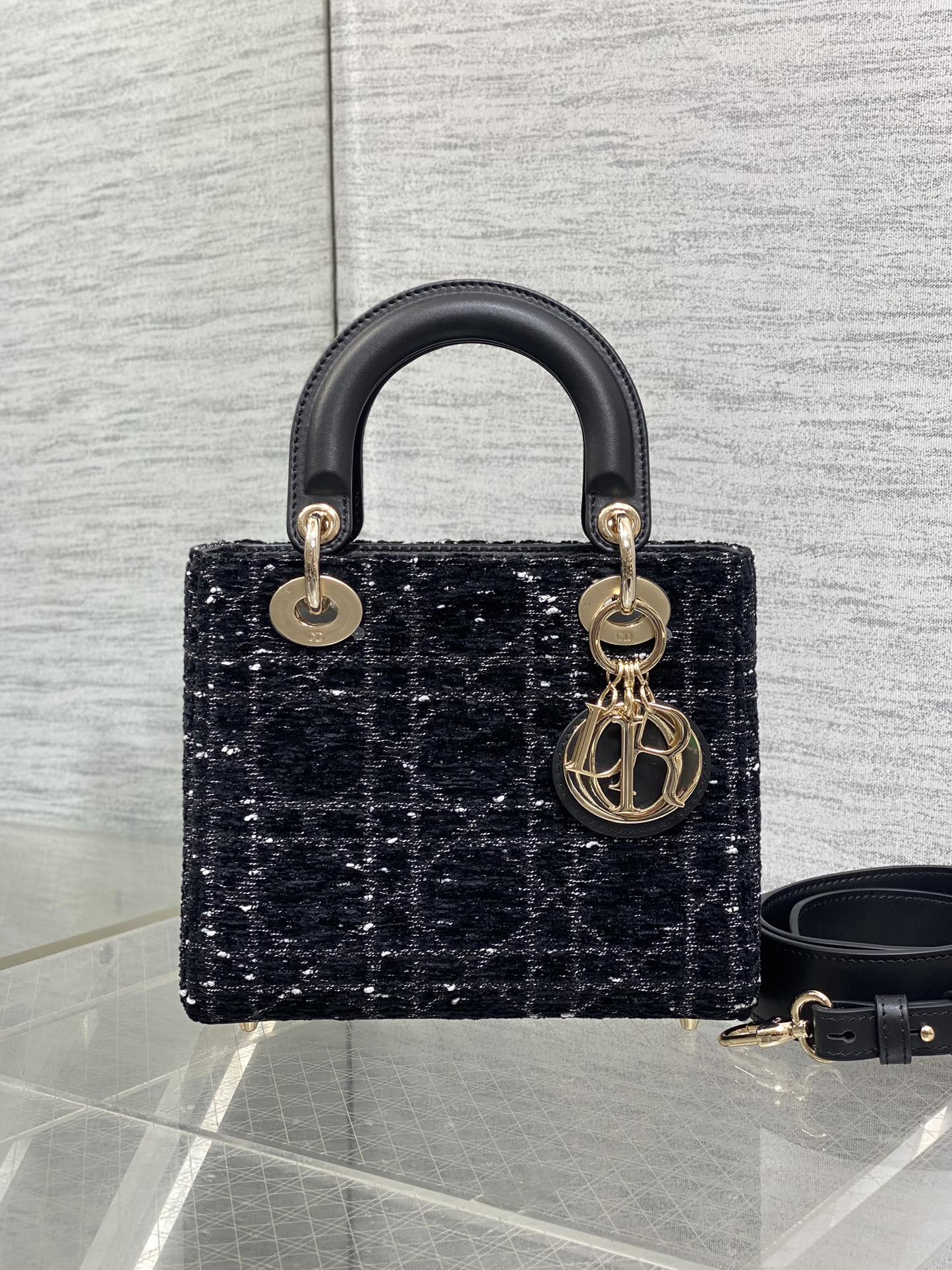 MINI 20 LADY BAG IN BLACK MIX WHITE CANNAGE TWEED WITH GOLD HARDWARE