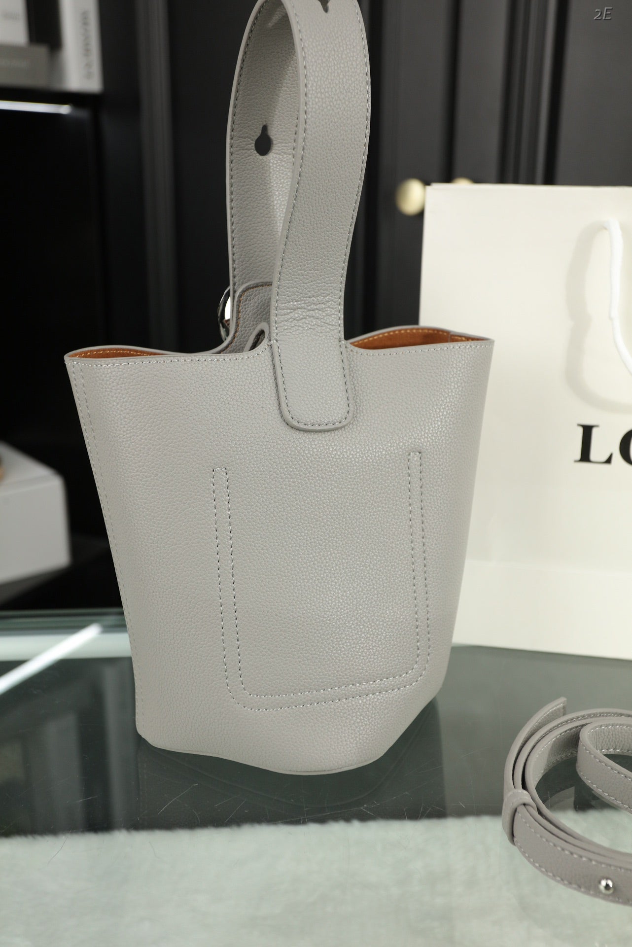 LOE MINI 19 PEBBLE BUCKET IN GRAY STEEL MELLOW CALFSKIN