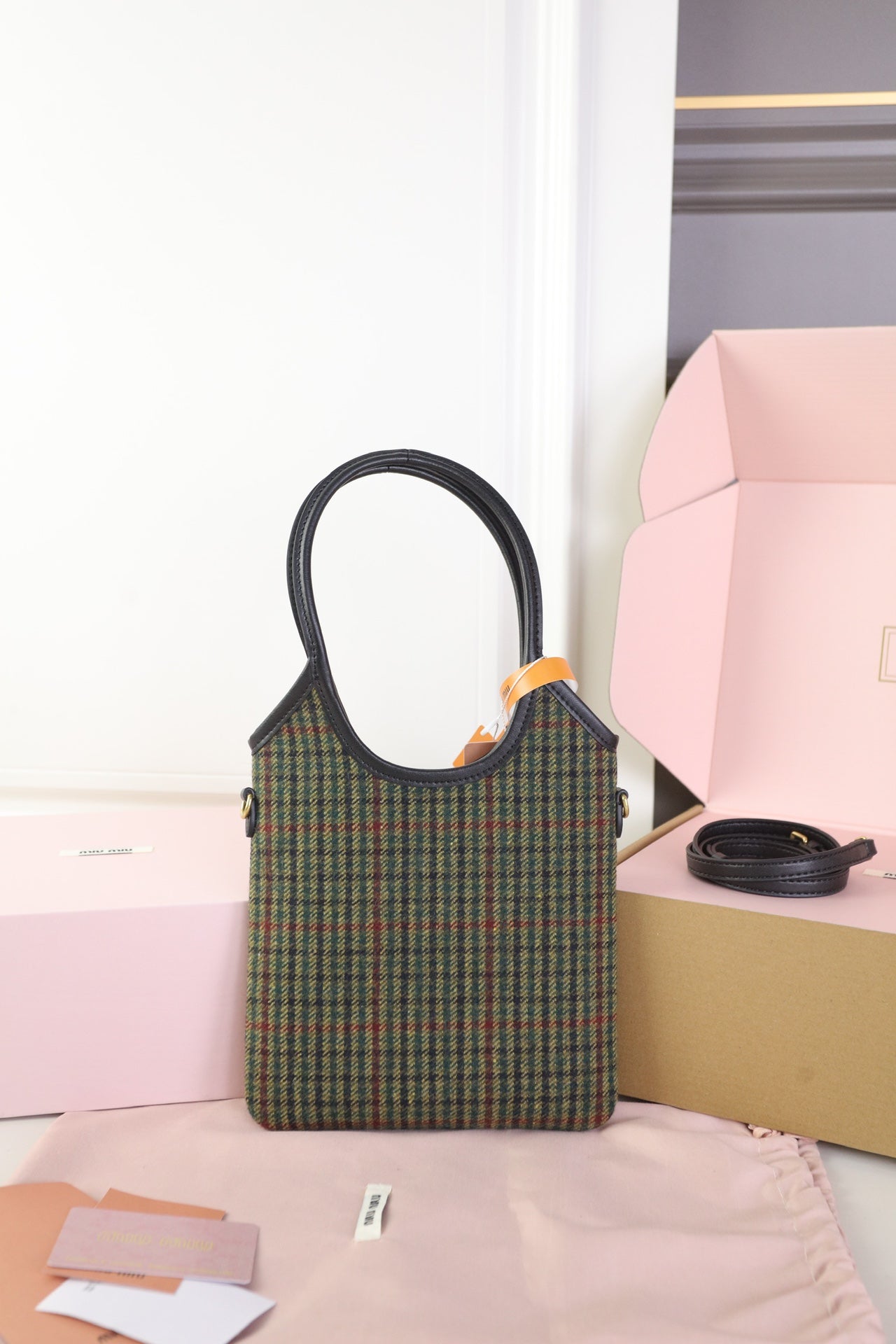 IVY MINI TOTE BAG 20 IN COLORFUL TARTAN AND BLACK LEATHER TRIM