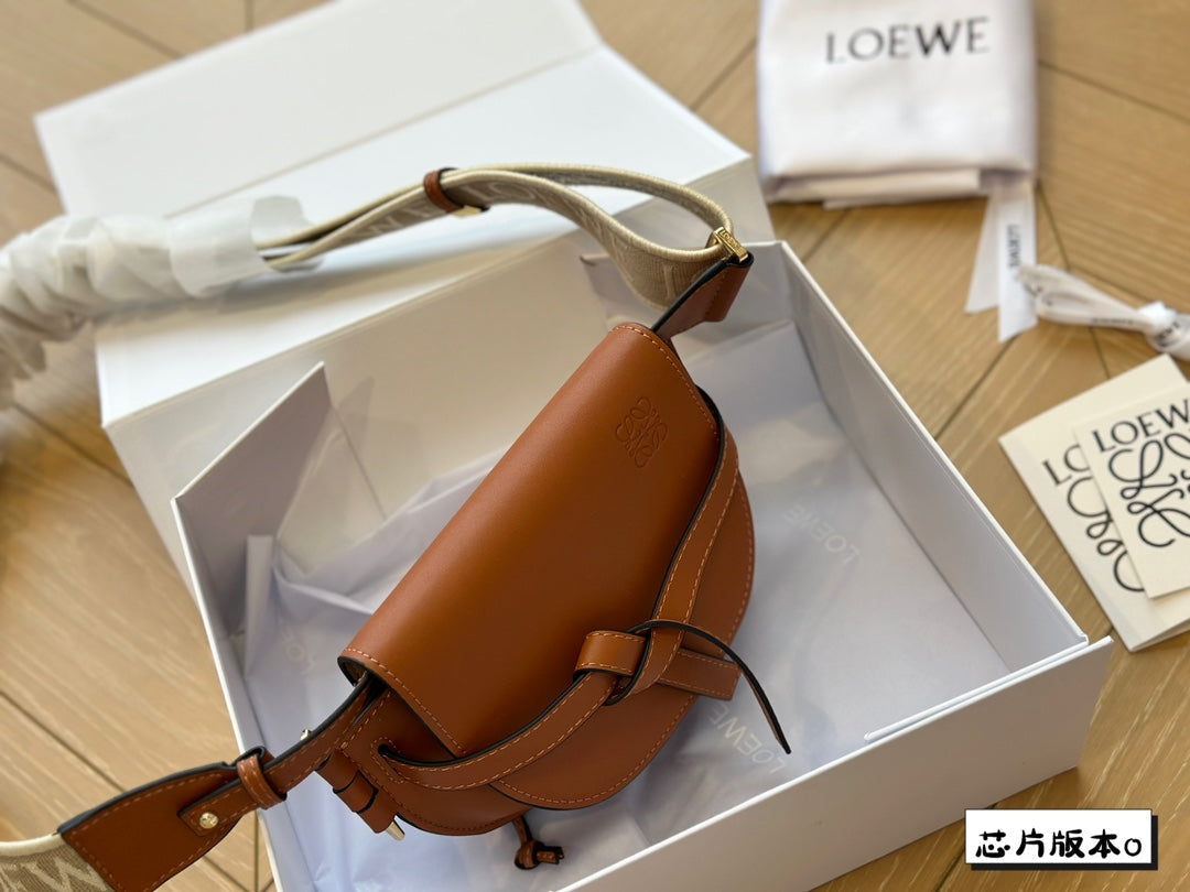 LOE MINI 18 GATE DUAL BAG IN TAN SOFT CALFSKIN AND JACQUARD