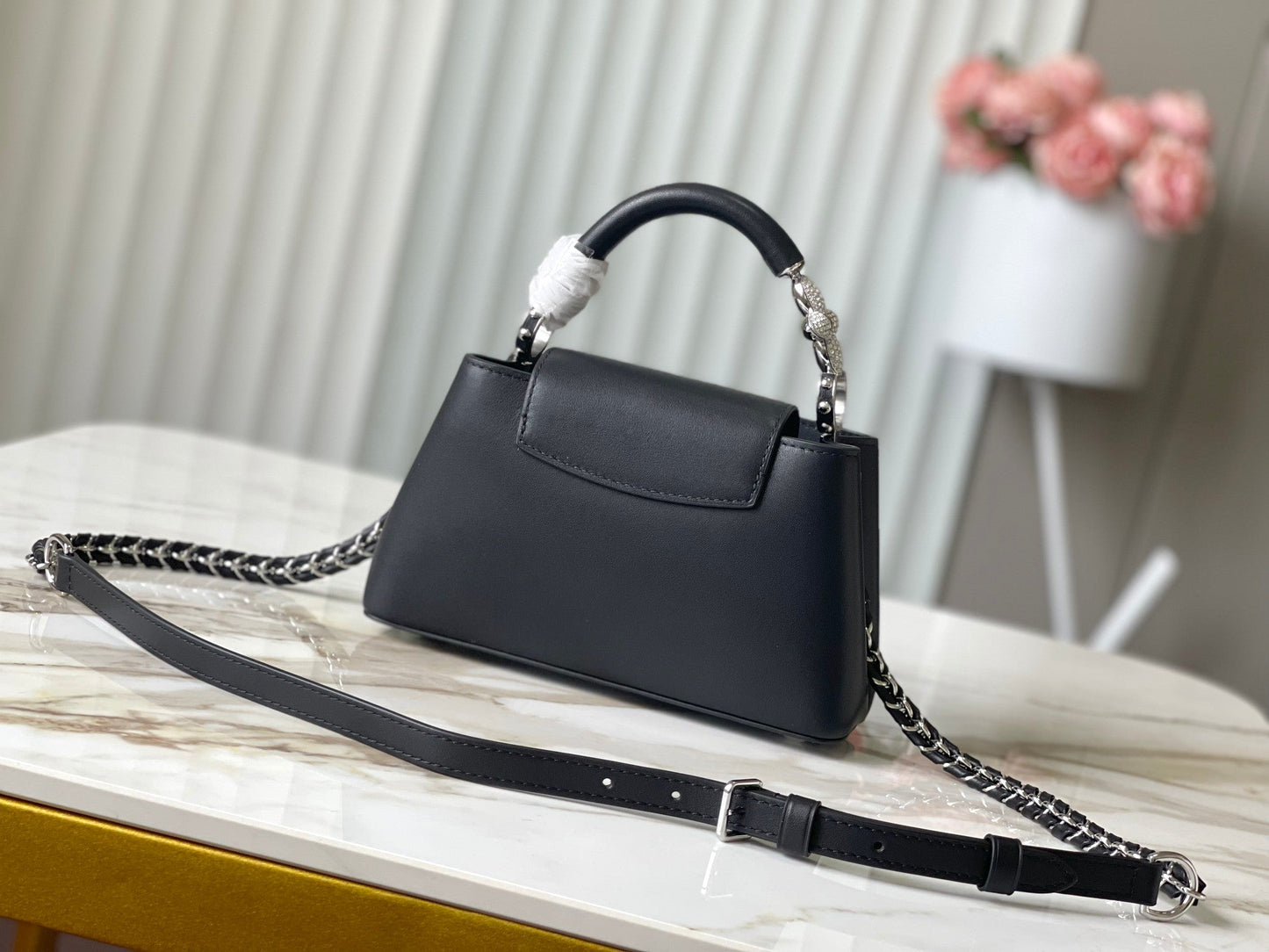 CAPUCINES EAST-WEST MINI 22 IN BLACK SHEEPSKIN CRYSTAL AND SILVER HARDWARE