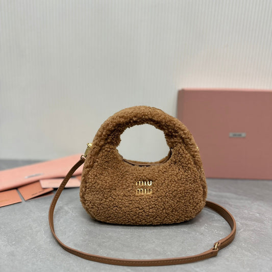 WANDER MINI HOBO BAG 18 IN BROWN SHEARLING