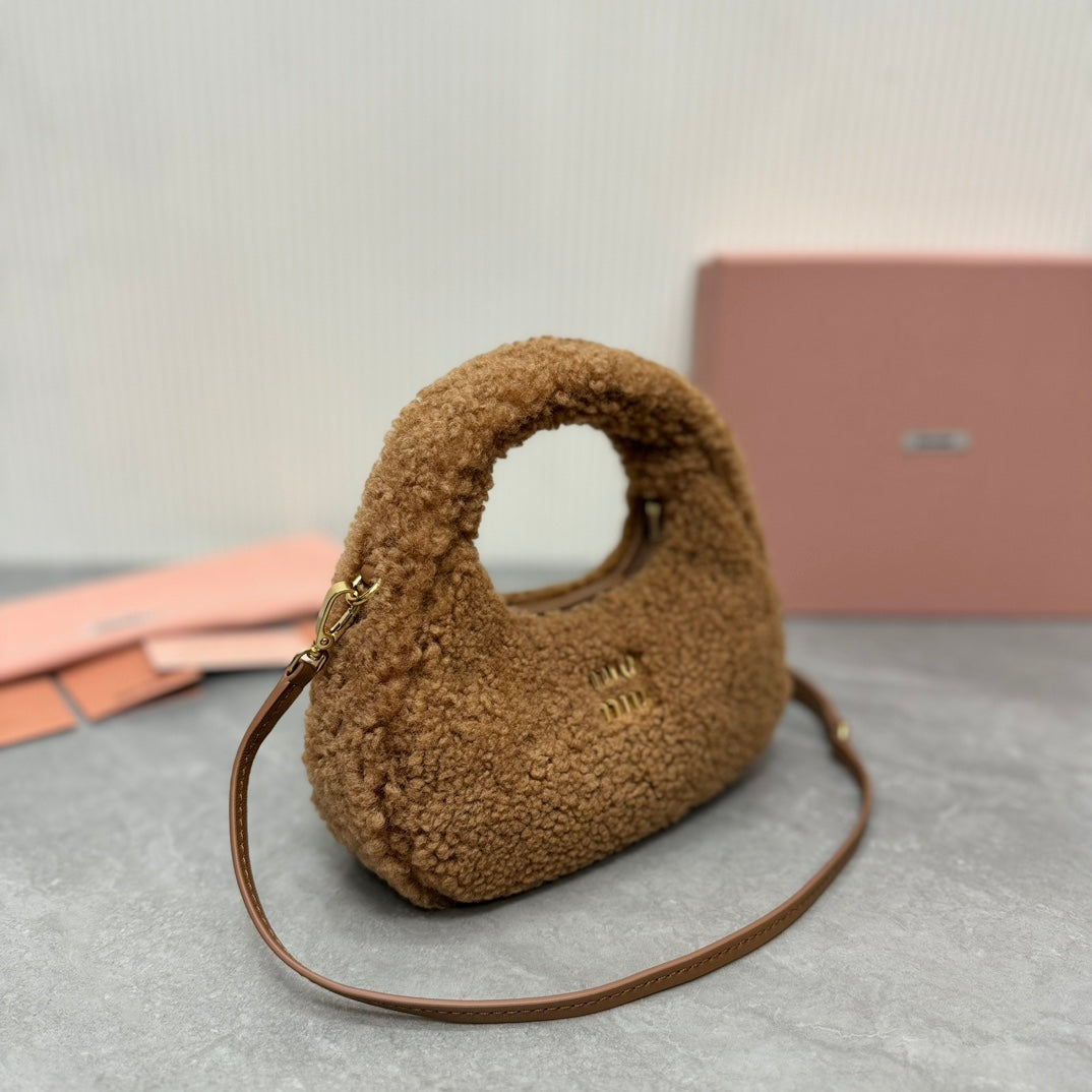 WANDER MINI HOBO BAG 18 IN BROWN SHEARLING