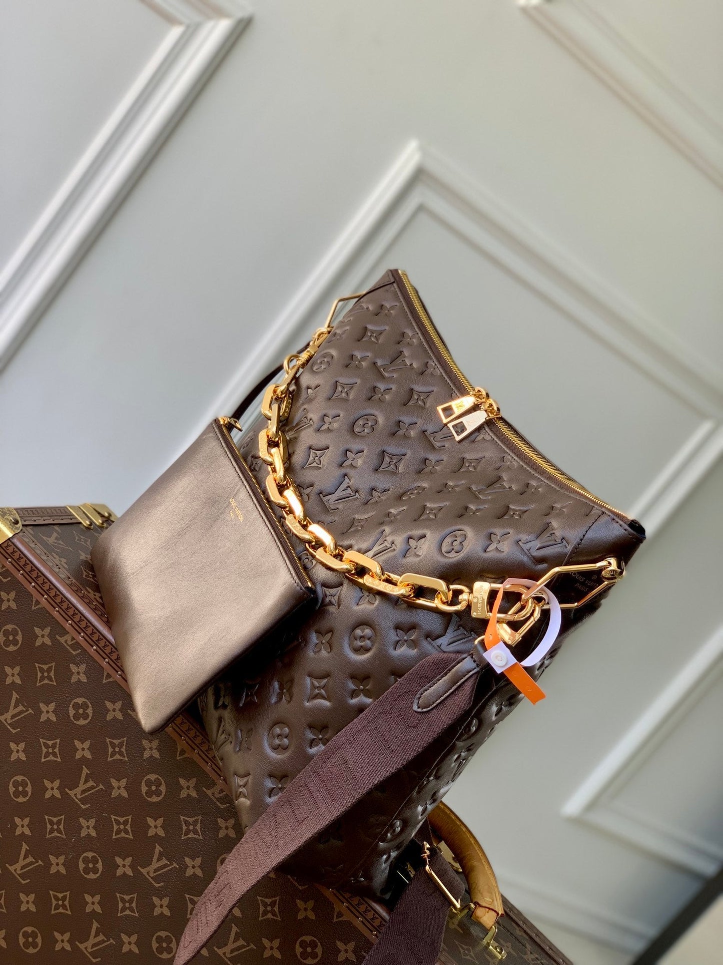 COUSSIN MM 38 IN CHOCOLATE MONOGRAM EMBOSSED CALFSKIN GOLD HARDWARE