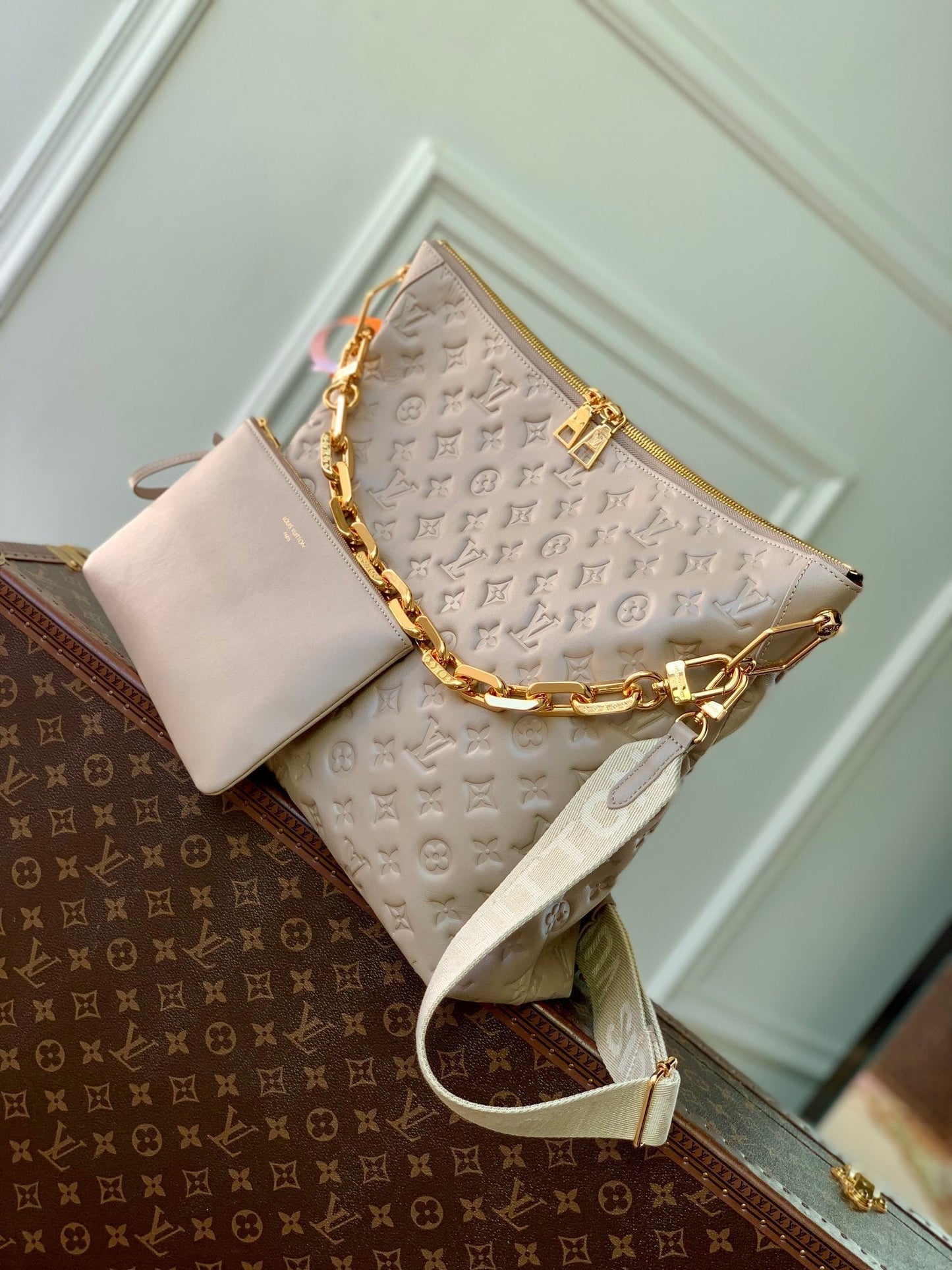 COUSSIN MM 38 IN BEIGE MONOGRAM EMBOSSED CALFSKIN GOLD HARDWARE