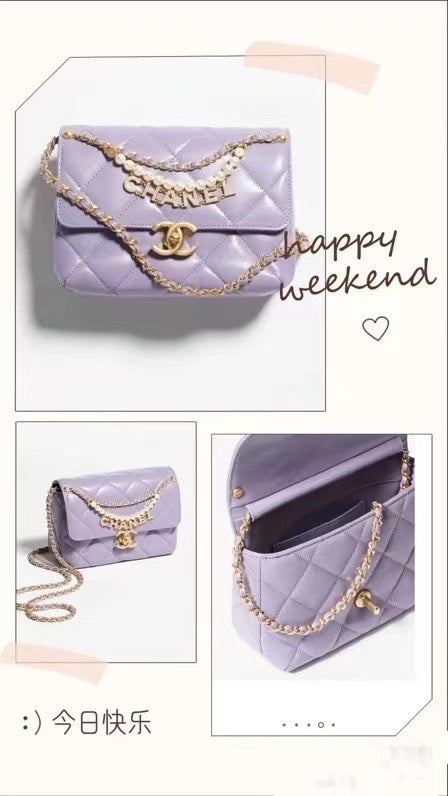 CC MINI 22 FLAP BAG IN LIGHT PURPLE CALFSKIN GOLD HARDWARE WITH PEARL CHAIN