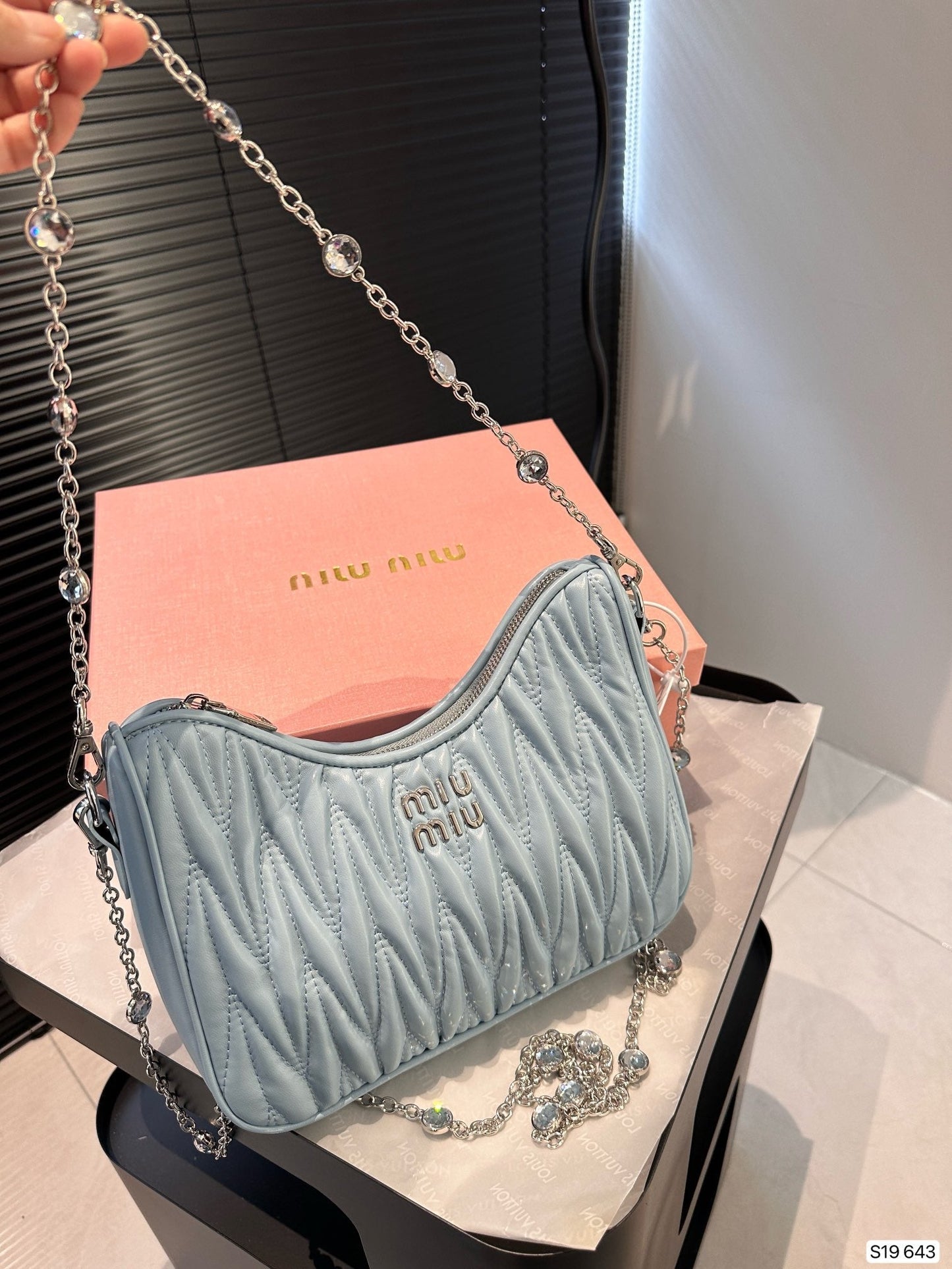 CRYSTAL CHAIN 25 BAG IN BABY BLUE LAMBSKIN