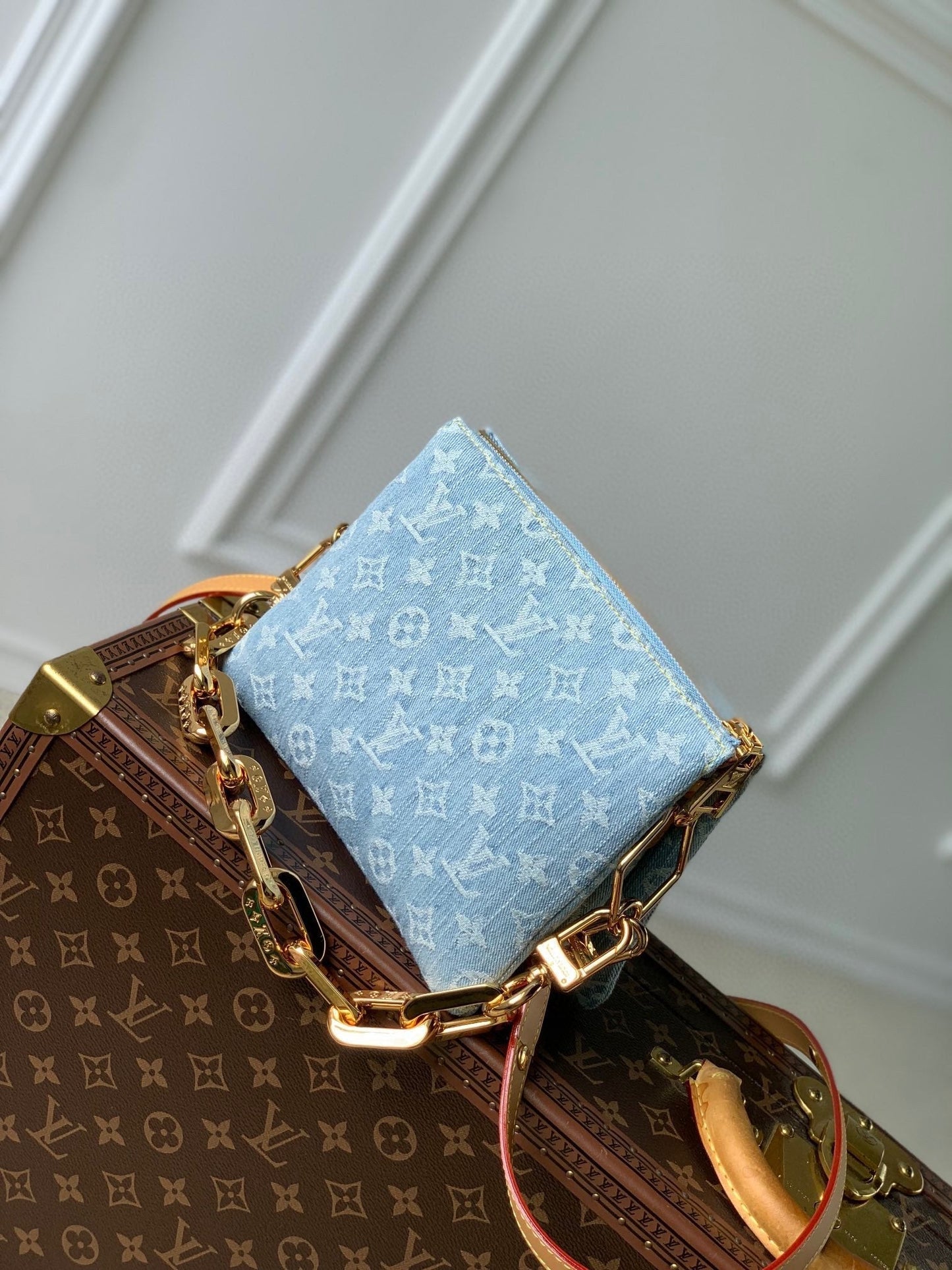 COUSSIN BB 21 IN LIGHT BLUE MONOGRAM DENIM GOLD CHAIN