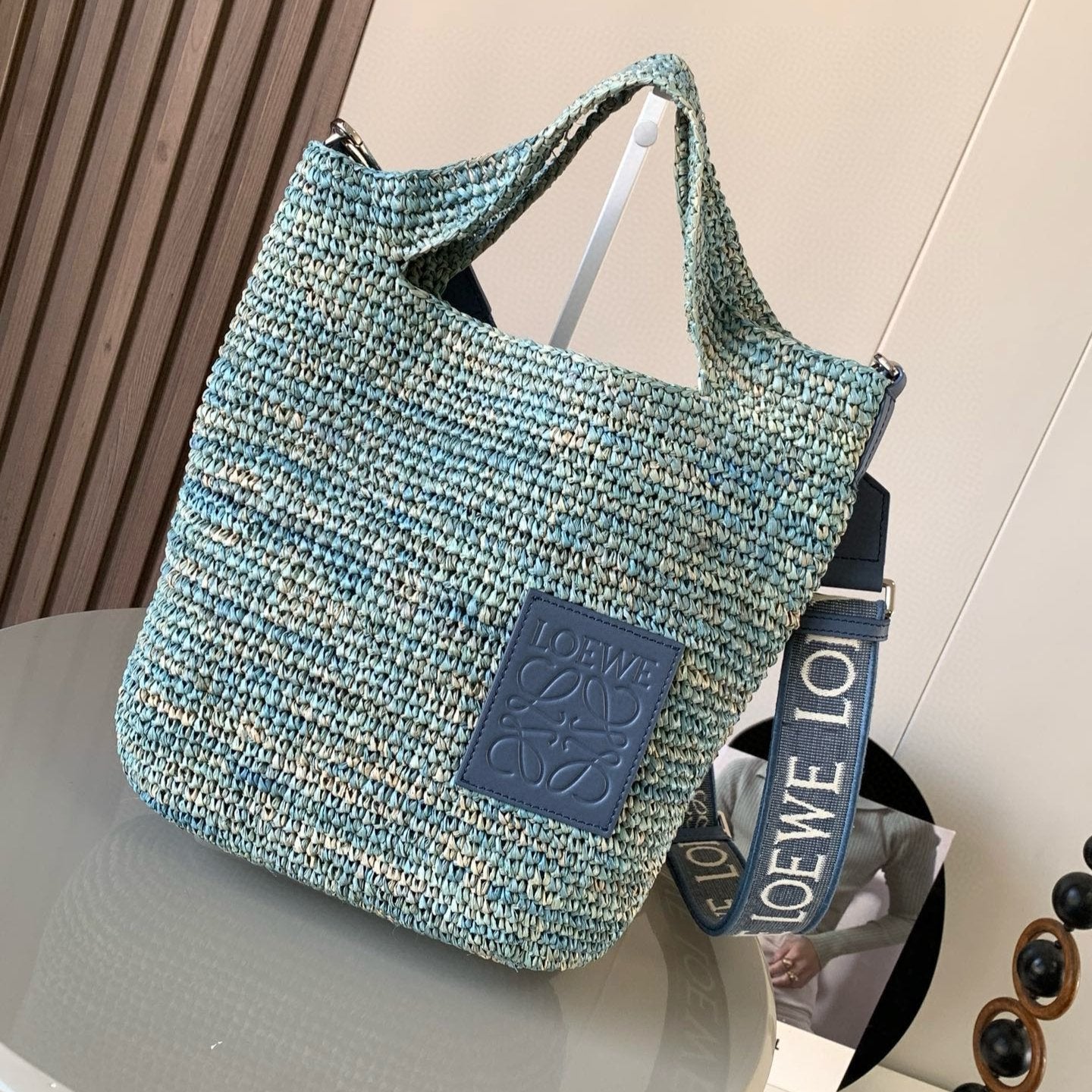 LOE 30 SLIT BAG IN DENIM BLUE RAFFIA AND CALFSKIN