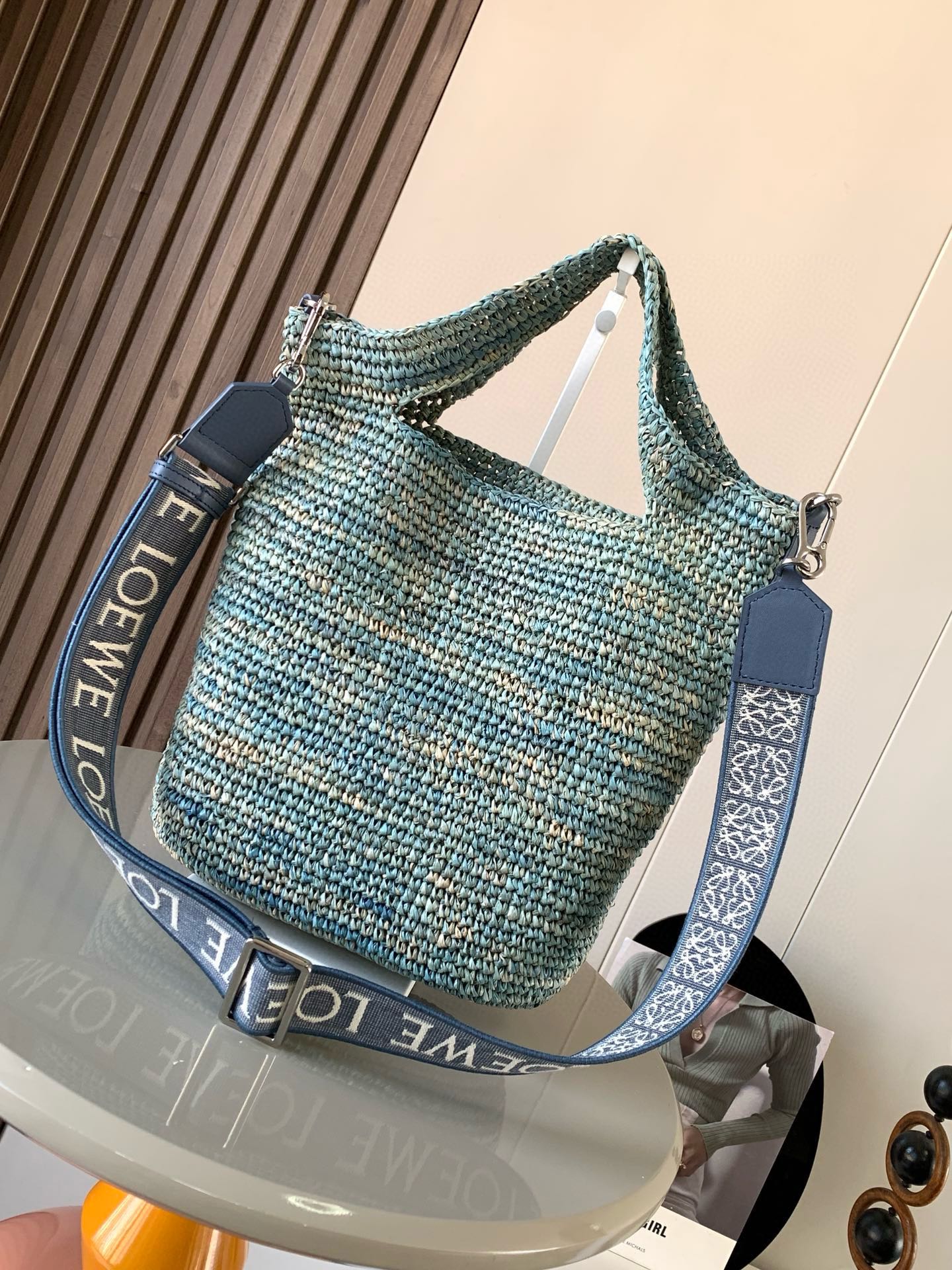 LOE 30 SLIT BAG IN DENIM BLUE RAFFIA AND CALFSKIN