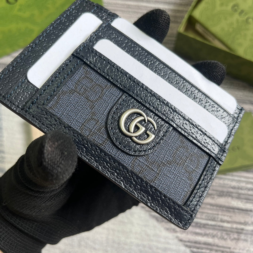 OPHIDIA GG 11 CARD CASE DARK BLUE CANVAS AND BLACK CALFSKIN