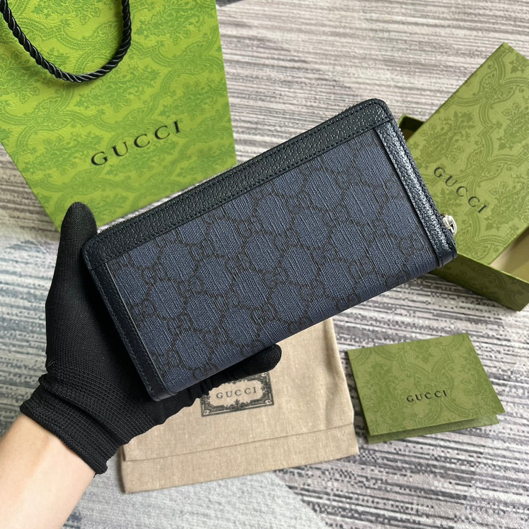 OPHIDIA GG 19 ZIP AROUND WALLET DARK BLUE CANVAS AND BLACK CALFSKIN