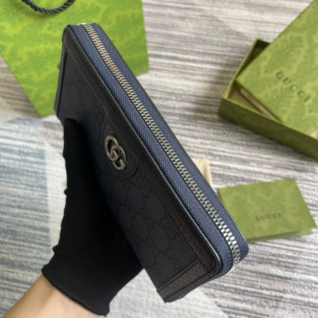 OPHIDIA GG 19 ZIP AROUND WALLET DARK BLUE CANVAS AND BLACK CALFSKIN