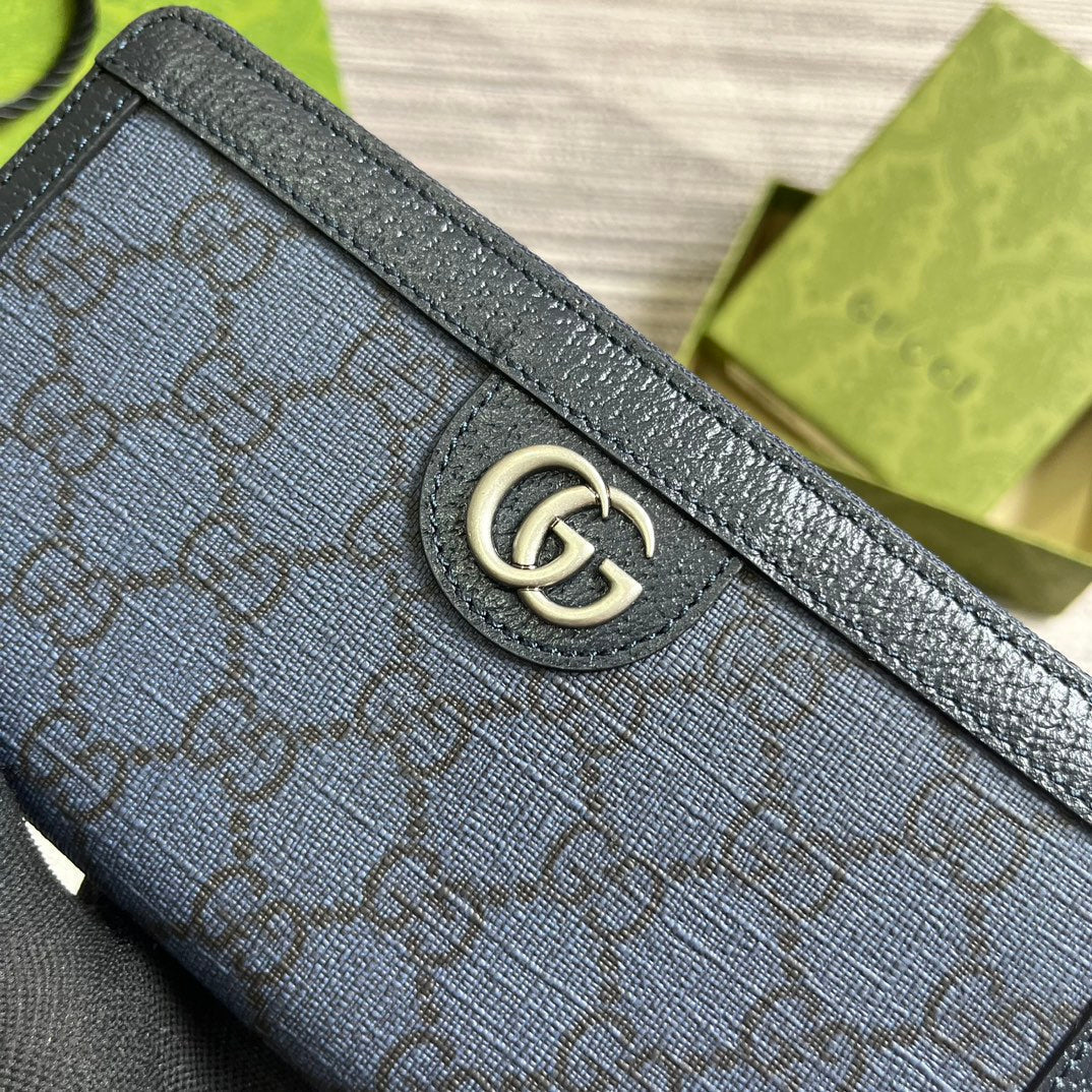 OPHIDIA GG 19 ZIP AROUND WALLET DARK BLUE CANVAS AND BLACK CALFSKIN