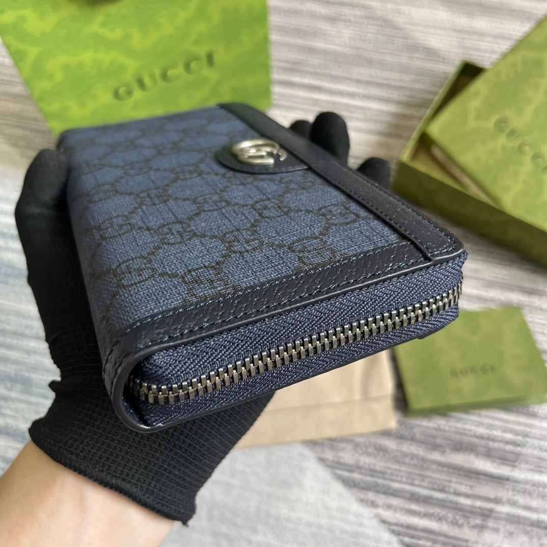 OPHIDIA GG 19 ZIP AROUND WALLET DARK BLUE CANVAS AND BLACK CALFSKIN