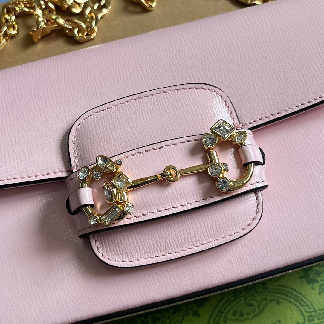 DIAMOND HORSEBIT SHOULDER BAG 24 IN LIGHT PINK CALFSKIN GOLD HARDWARE