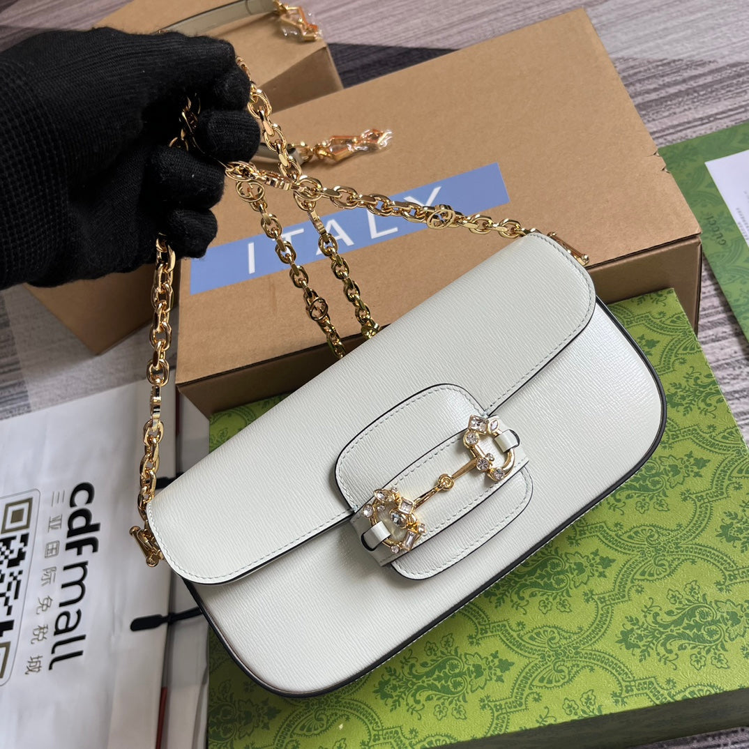 DIAMOND HORSEBIT SHOULDER BAG 24 IN WHITE CALFSKIN GOLD HARDWARE