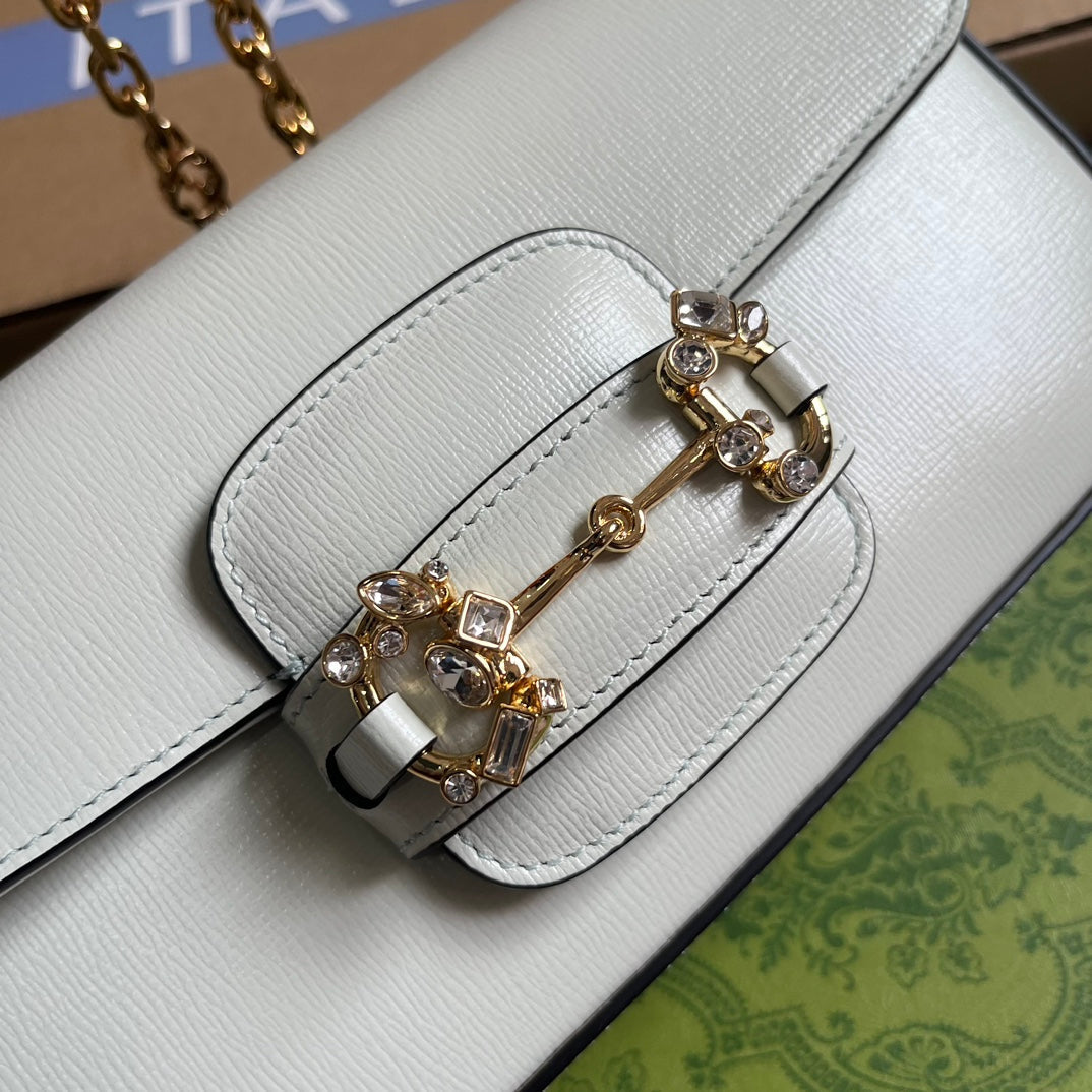 DIAMOND HORSEBIT SHOULDER BAG 24 IN WHITE CALFSKIN GOLD HARDWARE