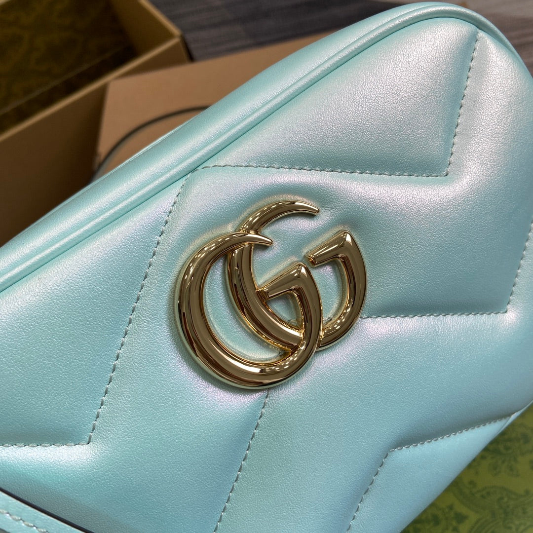 GG MARMONT 24 SMALL MATELASSÉ SHOULDER BAG BLUE IRIDESCENT CALFSKIN