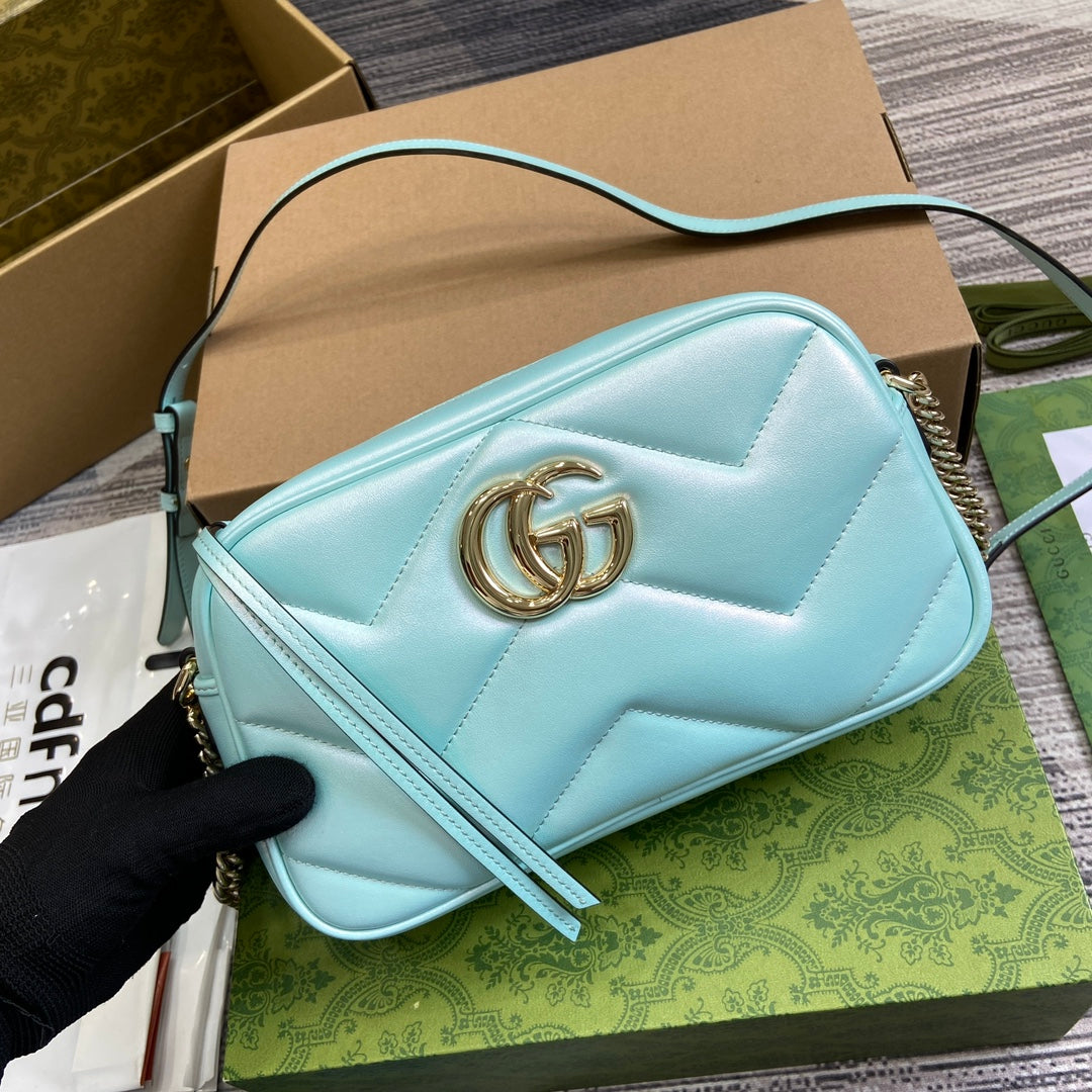 GG MARMONT 24 SMALL MATELASSÉ SHOULDER BAG BLUE IRIDESCENT CALFSKIN