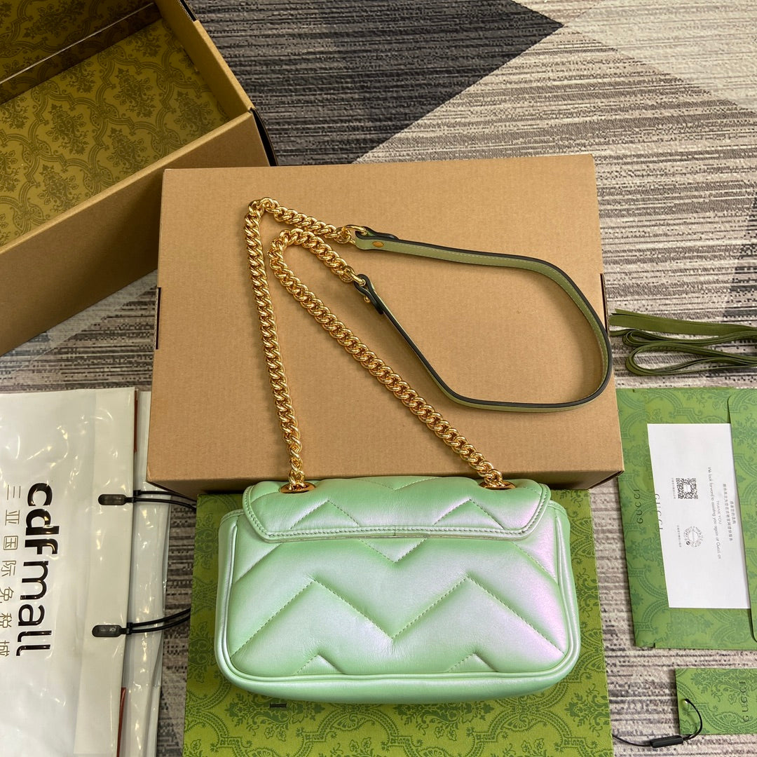 GG MARMONT 23 SMALL SHOULDER BAG GREEN IRIDESCENT CALFSKIN