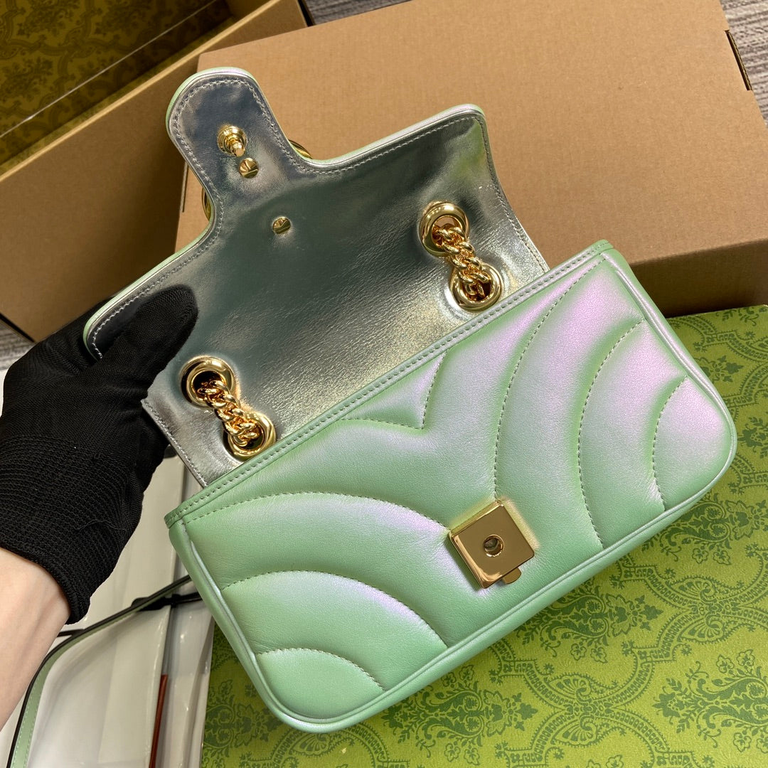 GG MARMONT 23 SMALL SHOULDER BAG GREEN IRIDESCENT CALFSKIN