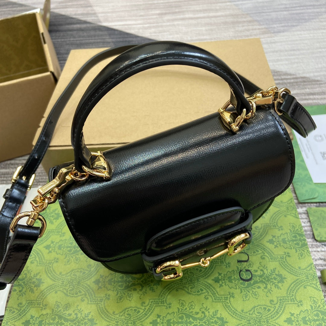 HORSEBIT 1955 MINI TOP HANDLE BAG 18 IN BLACK CALFSKIN GOLD HARDWARE