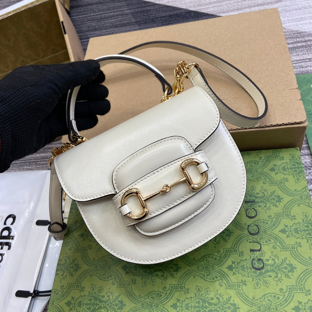 HORSEBIT 1955 MINI TOP HANDLE BAG 18 IN WHITE CALFSKIN GOLD HARDWARE