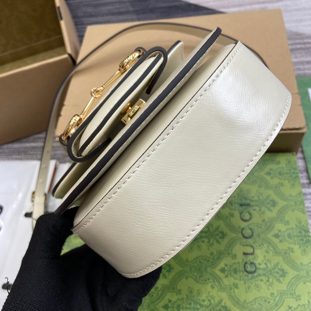 HORSEBIT 1955 MINI TOP HANDLE BAG 18 IN WHITE CALFSKIN GOLD HARDWARE