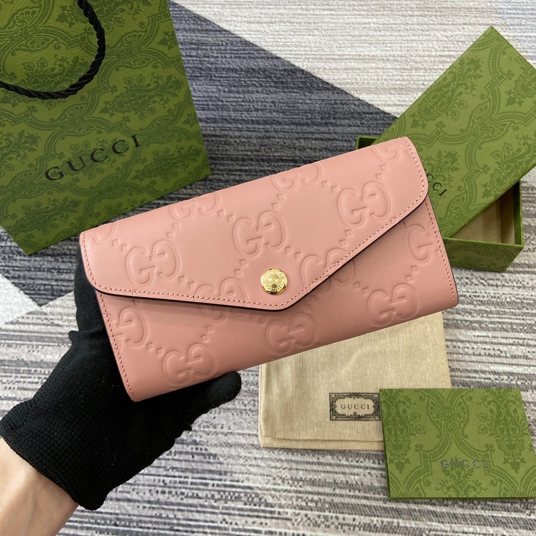 CONTINENTAL WALLET 19 IN PINK EMBOSSED CALFSKIN GOLD HARDWARE