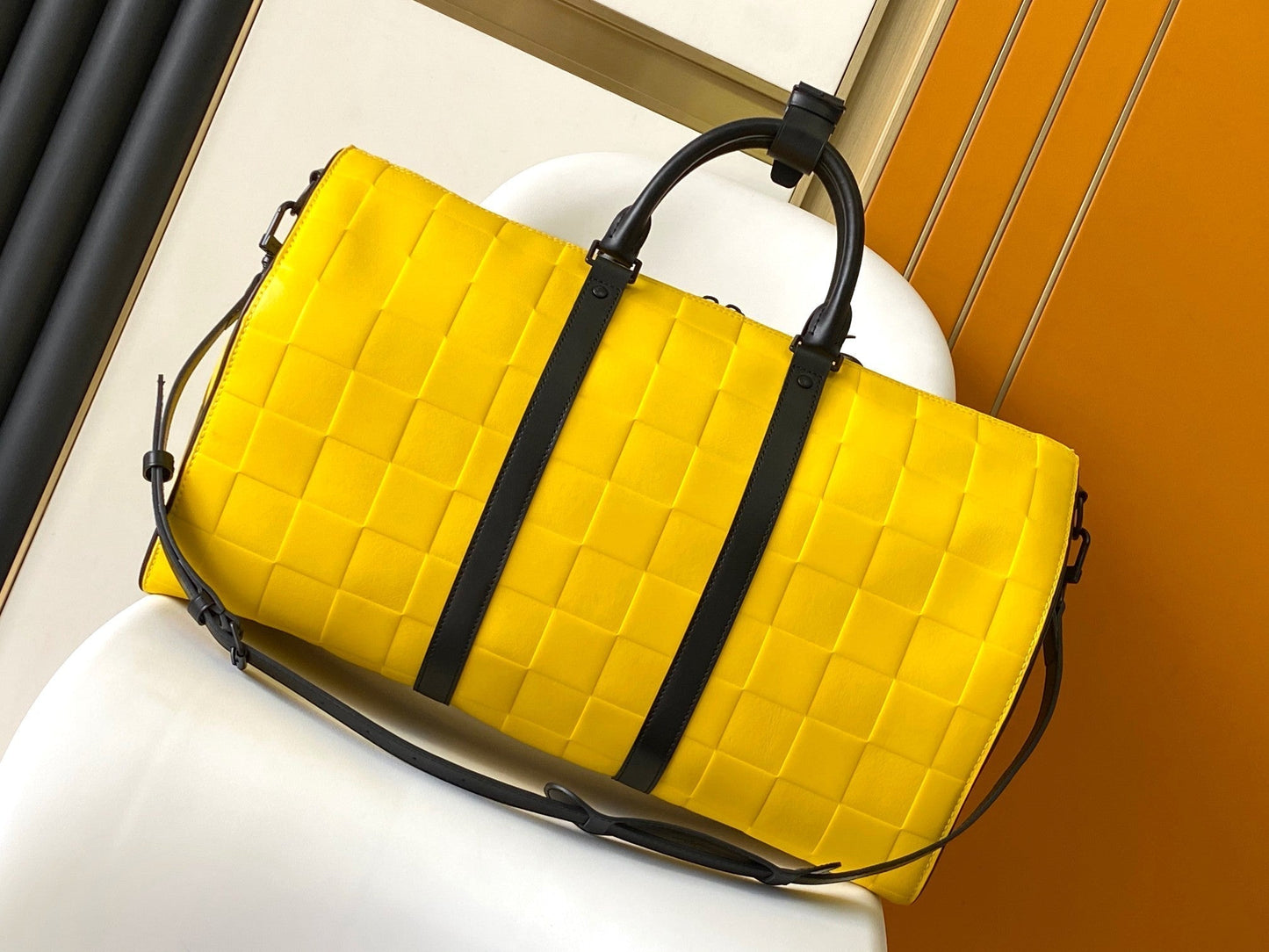 KEEPALL BANDOULIÈRE 50 IN YELLOW DAMIER SCUBA CALFSKIN