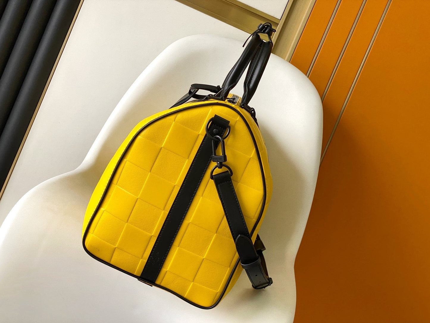 KEEPALL BANDOULIÈRE 50 IN YELLOW DAMIER SCUBA CALFSKIN