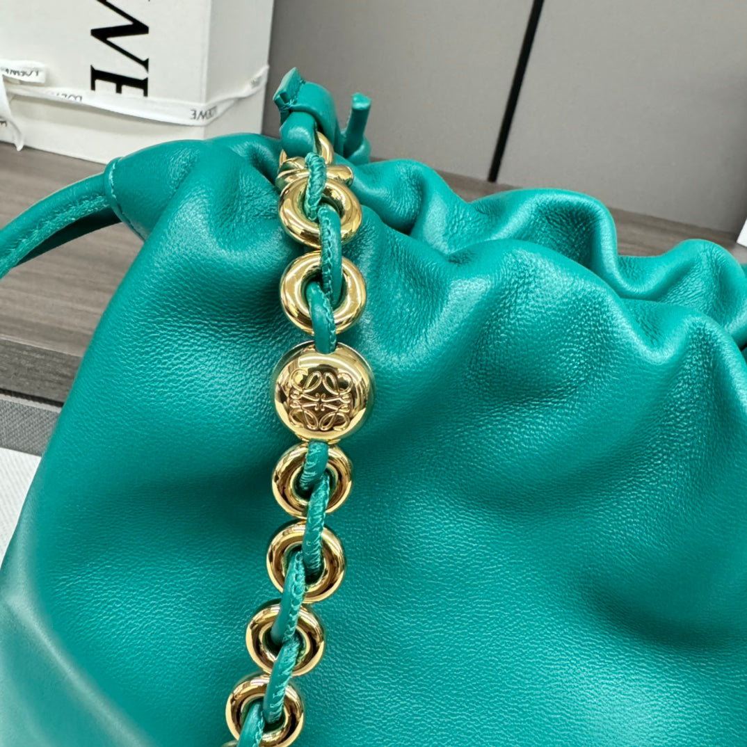 LOE MEDIUM 30 FLAMENCO PURSE BUCKET IN TEAL GREEN LAMBSKIN