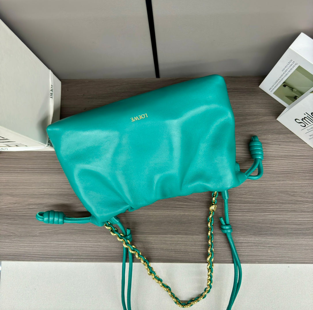 LOE MEDIUM 30 FLAMENCO PURSE BUCKET IN TEAL GREEN LAMBSKIN