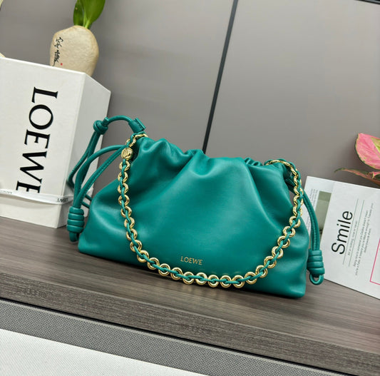 LOE MEDIUM 30 FLAMENCO PURSE BUCKET IN TEAL GREEN LAMBSKIN